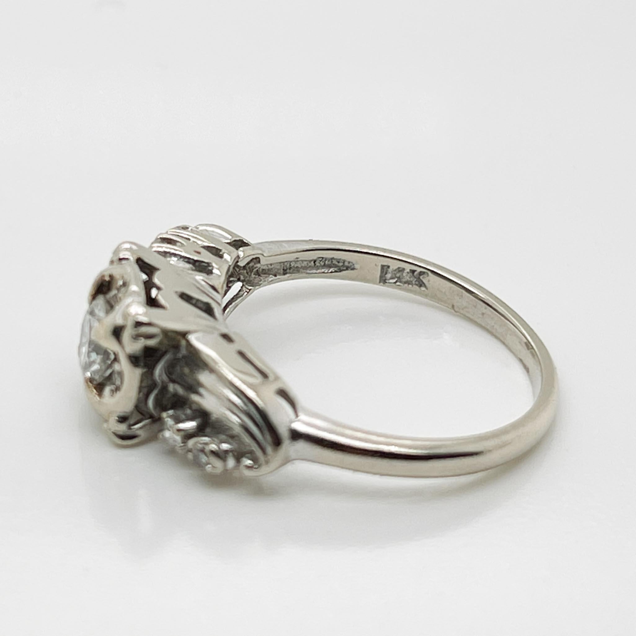 Women's Mid-Century Retro 14k White Gold & Diamond Engagement Ring For Sale