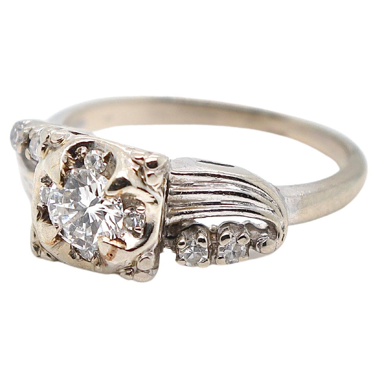 Mid-Century Retro 14k White Gold & Diamond Engagement Ring For Sale