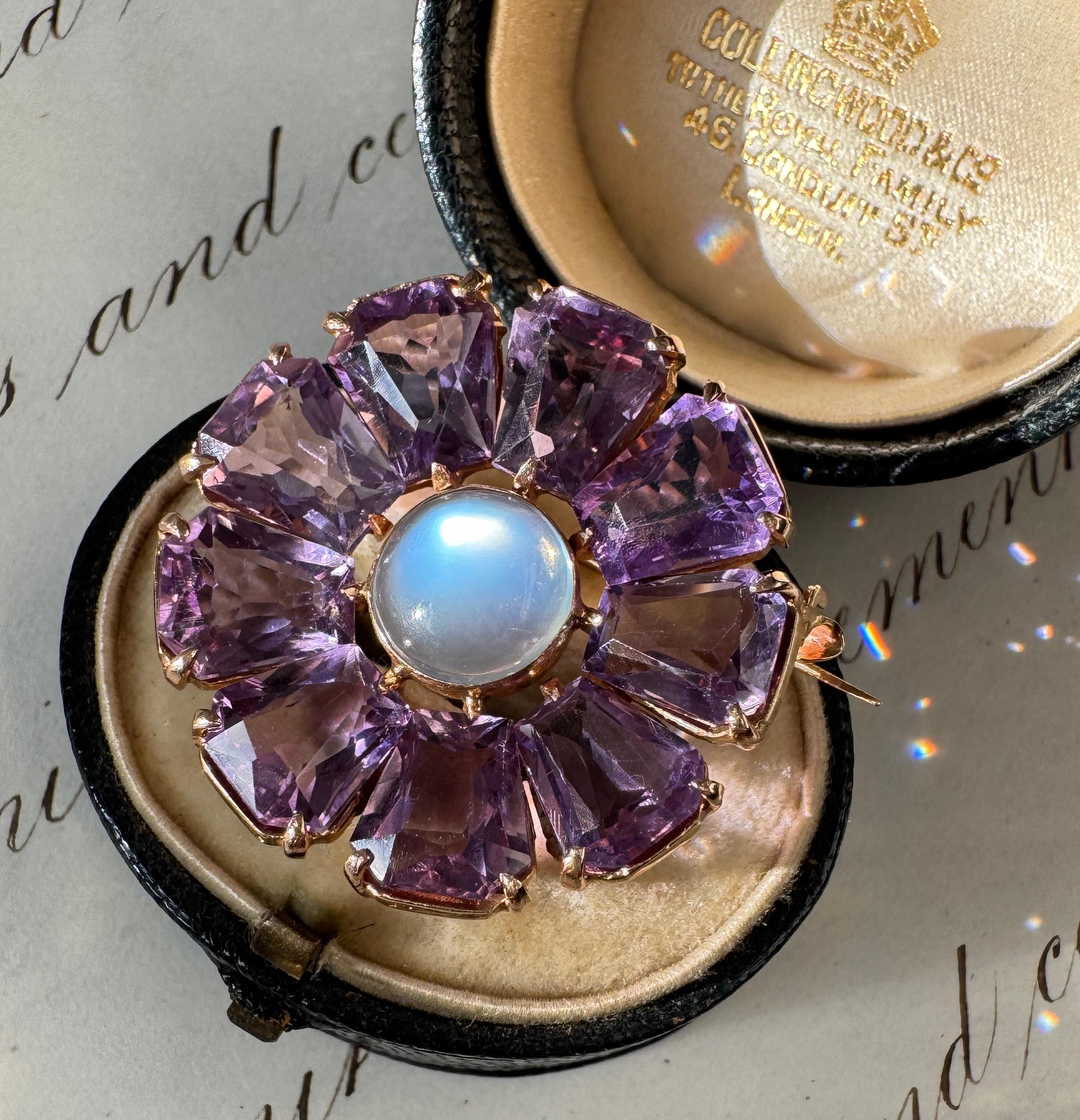 Women's or Men's Mid-Century Retro Binder Brothers Moonstone and Amethyst Floral Brooch For Sale