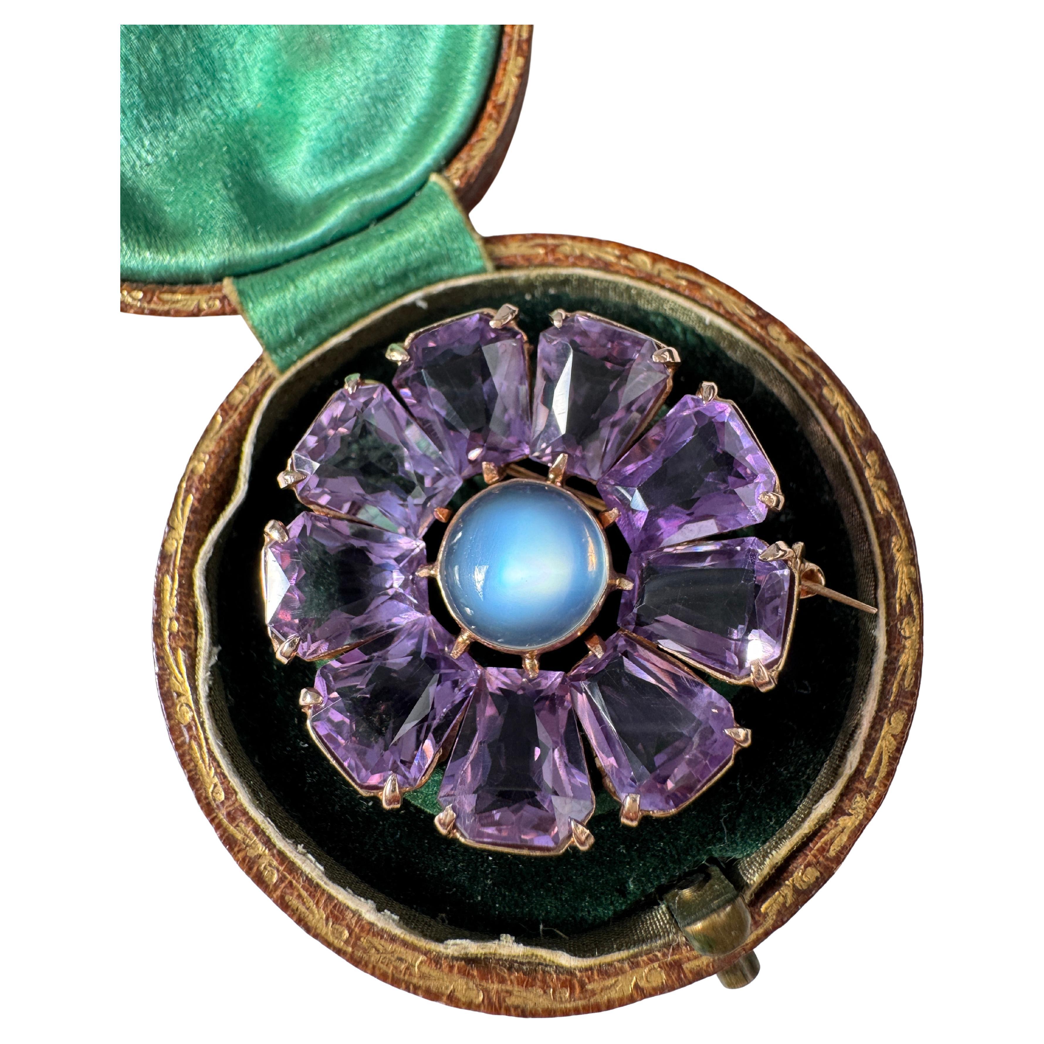Mid-Century Retro Binder Brothers Moonstone and Amethyst Floral Brooch