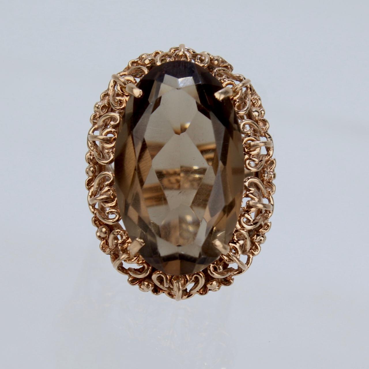 Mid-Century Retro Filigree Faceted Oval Citrine 14K Gold Cocktail Ring For Sale 5