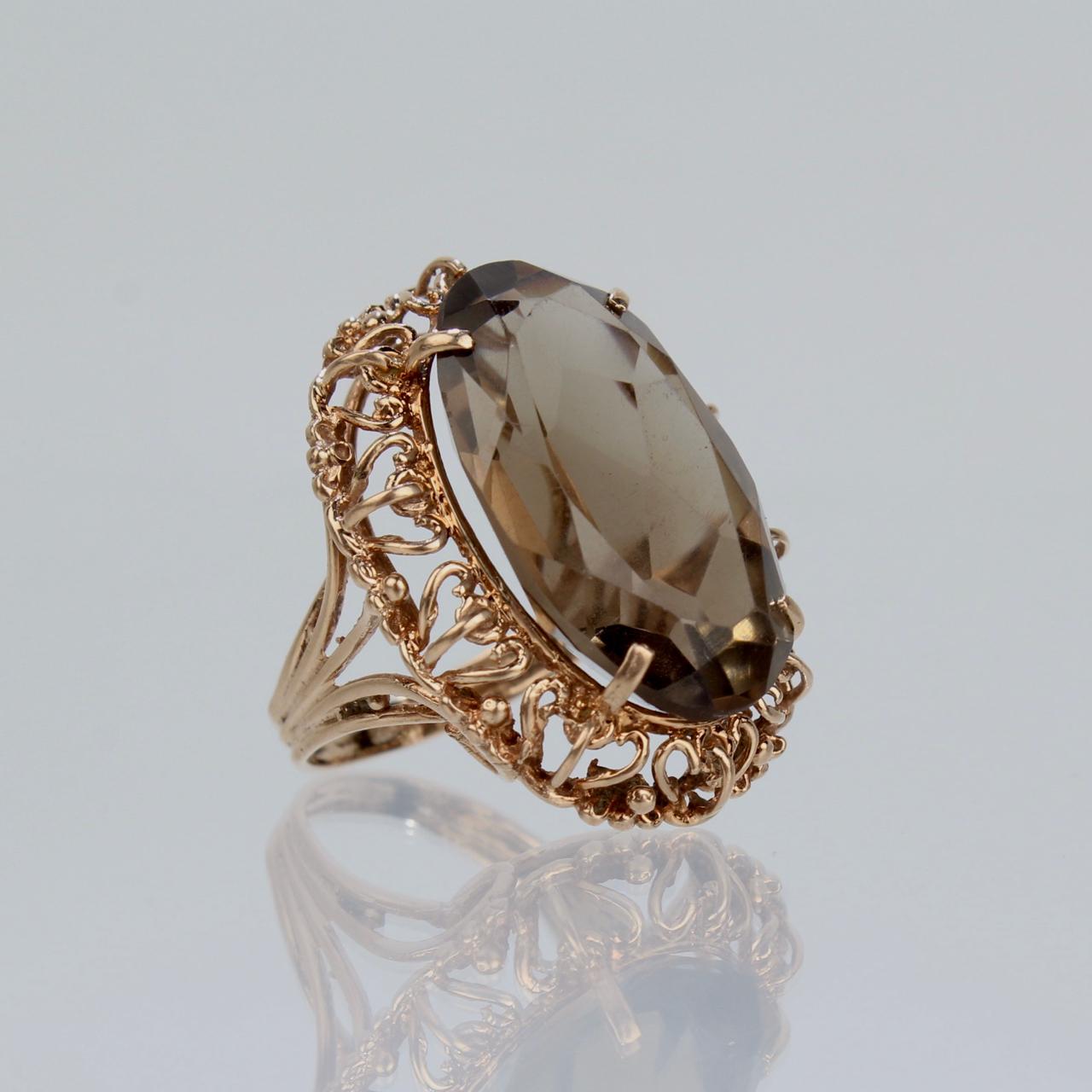 Oval Cut Mid-Century Retro Filigree Faceted Oval Citrine 14K Gold Cocktail Ring For Sale