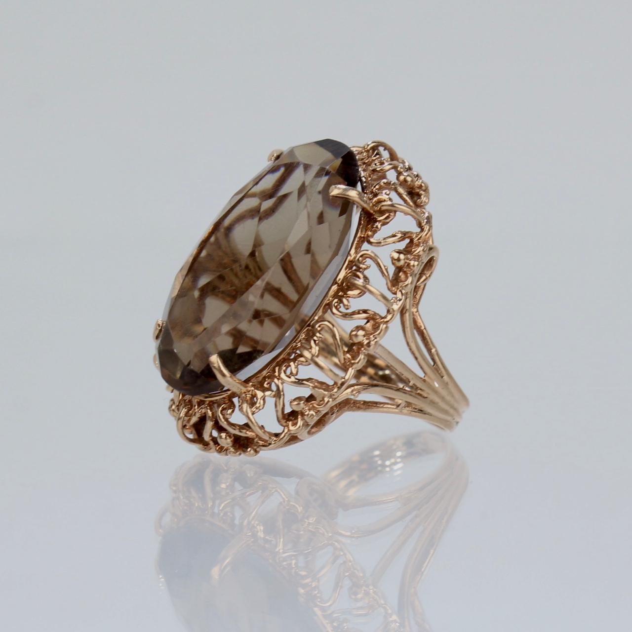 Women's Mid-Century Retro Filigree Faceted Oval Citrine 14K Gold Cocktail Ring For Sale