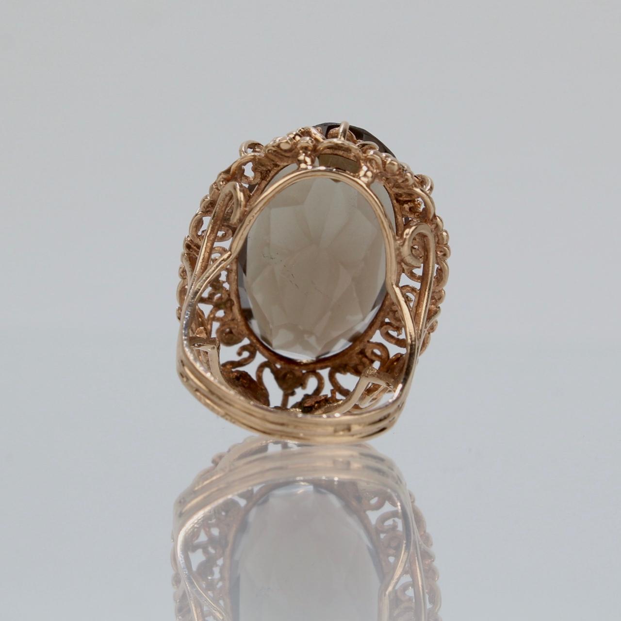 Mid-Century Retro Filigree Faceted Oval Citrine 14K Gold Cocktail Ring For Sale 2