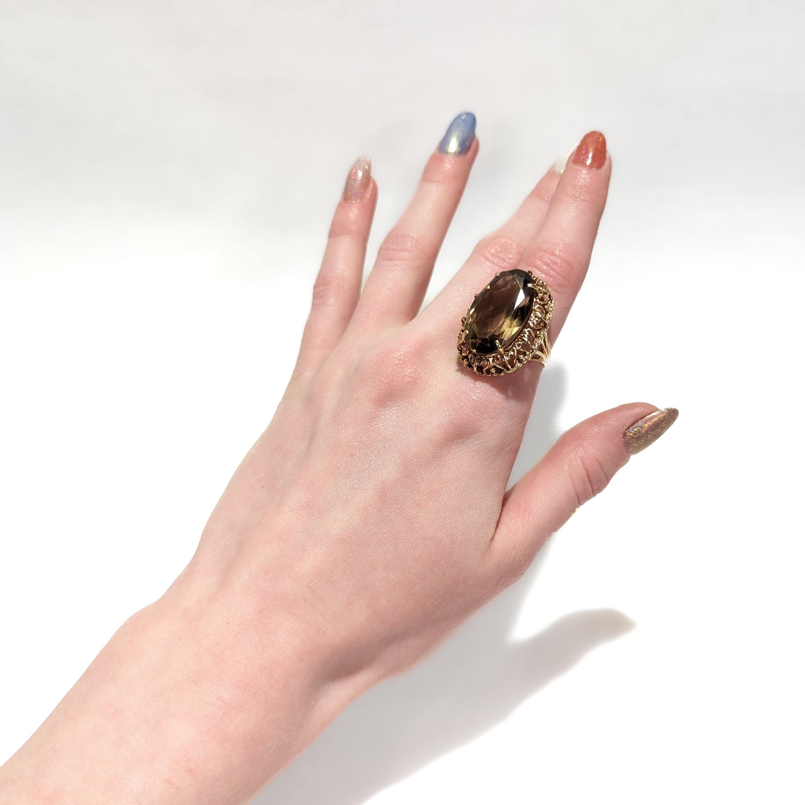 Mid-Century Retro Filigree Faceted Oval Smoky Quartz 14K Gold Cocktail Ring In Good Condition For Sale In Philadelphia, PA