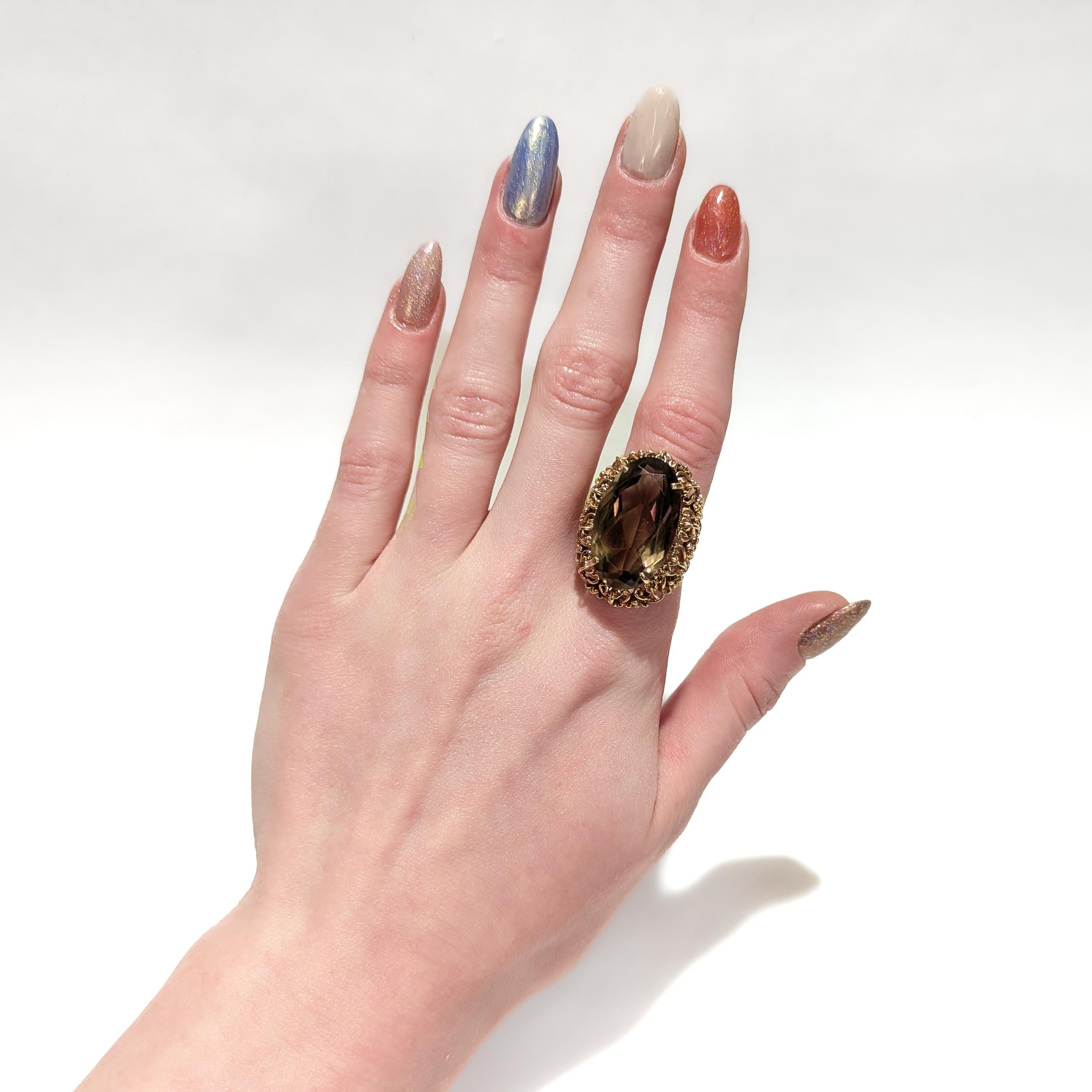 Oval Cut Mid-Century Retro Filigree Faceted Oval Smoky Quartz 14K Gold Cocktail Ring For Sale