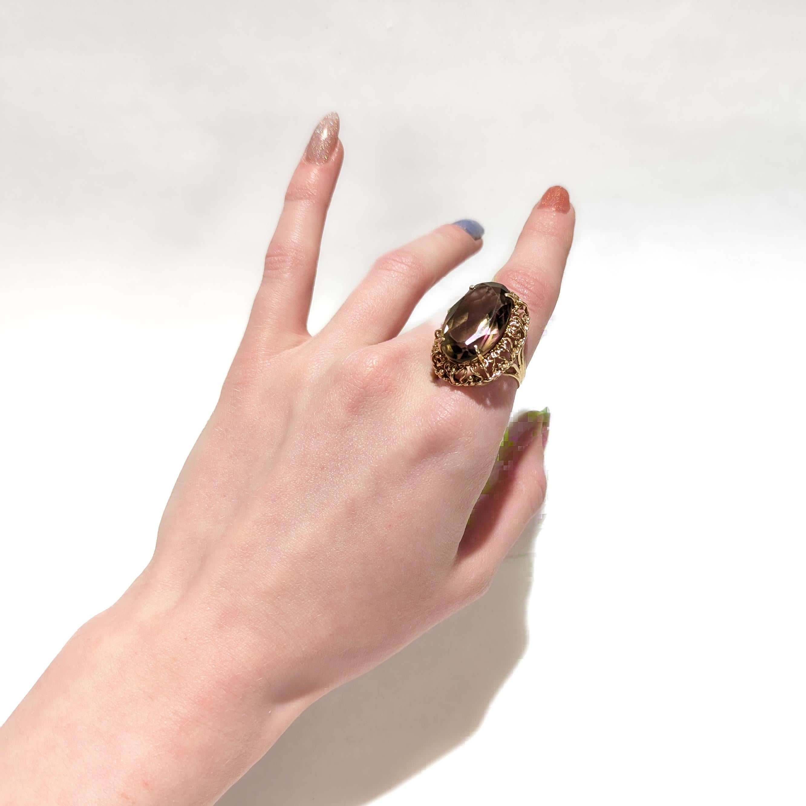 Mid-Century Retro Filigree Faceted Oval Smoky Quartz 14K Gold Cocktail Ring For Sale 10