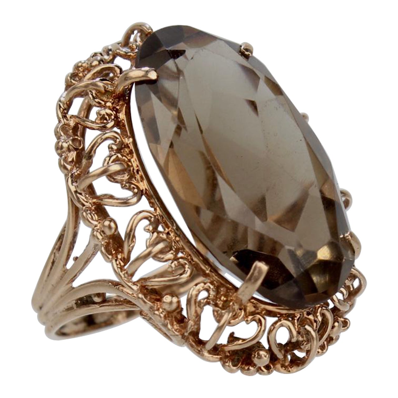 Bague cocktail en or 14 carats filigrane facetté quartz fumé ovale du milieu du siècle dernier