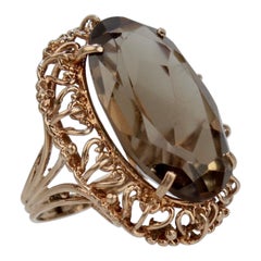 Mid-Century Retro Filigree Faceted Oval Smoky Quartz 14K Gold Cocktail Ring