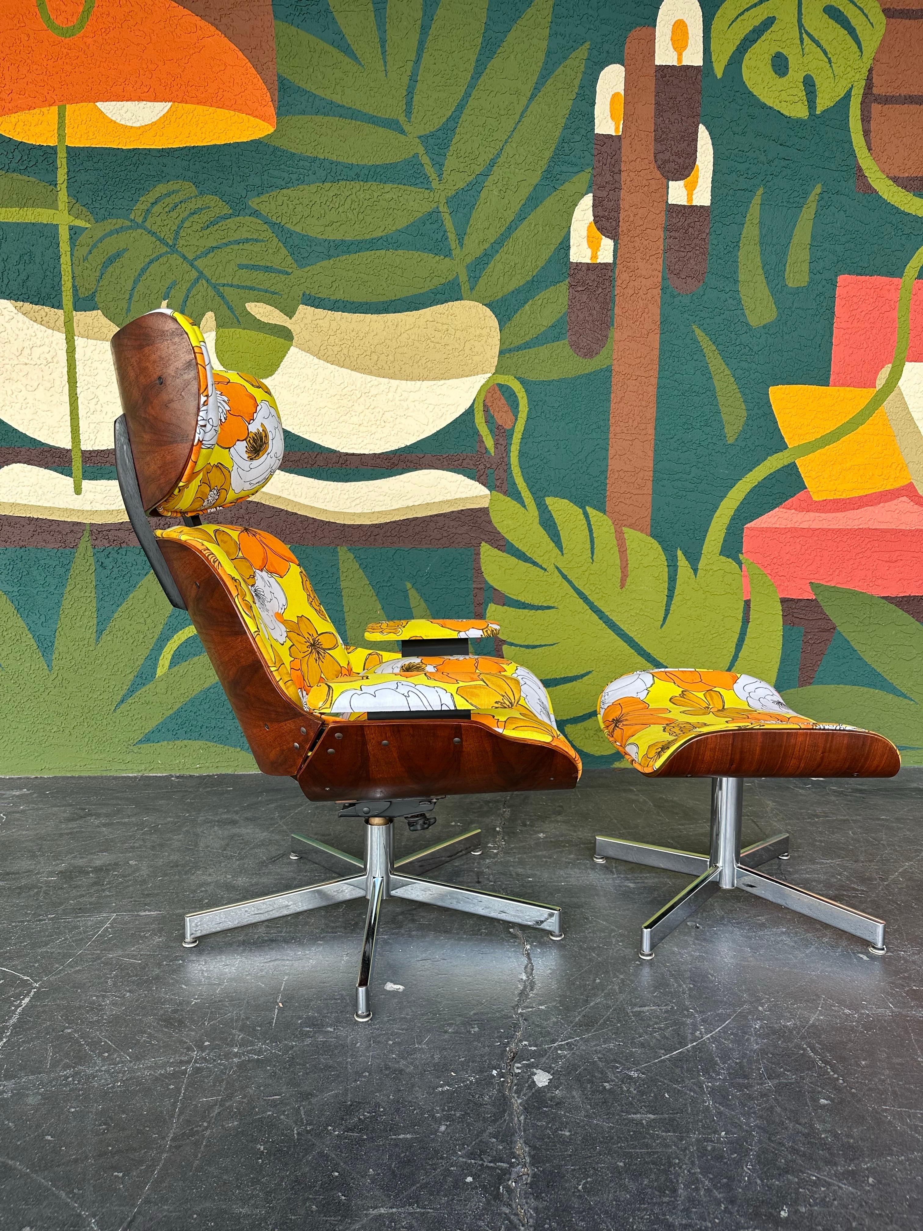 Mid-Century Modern Mid Century Retro Floral Plycraft Eames Style Chair and Ottoman c.1960’s