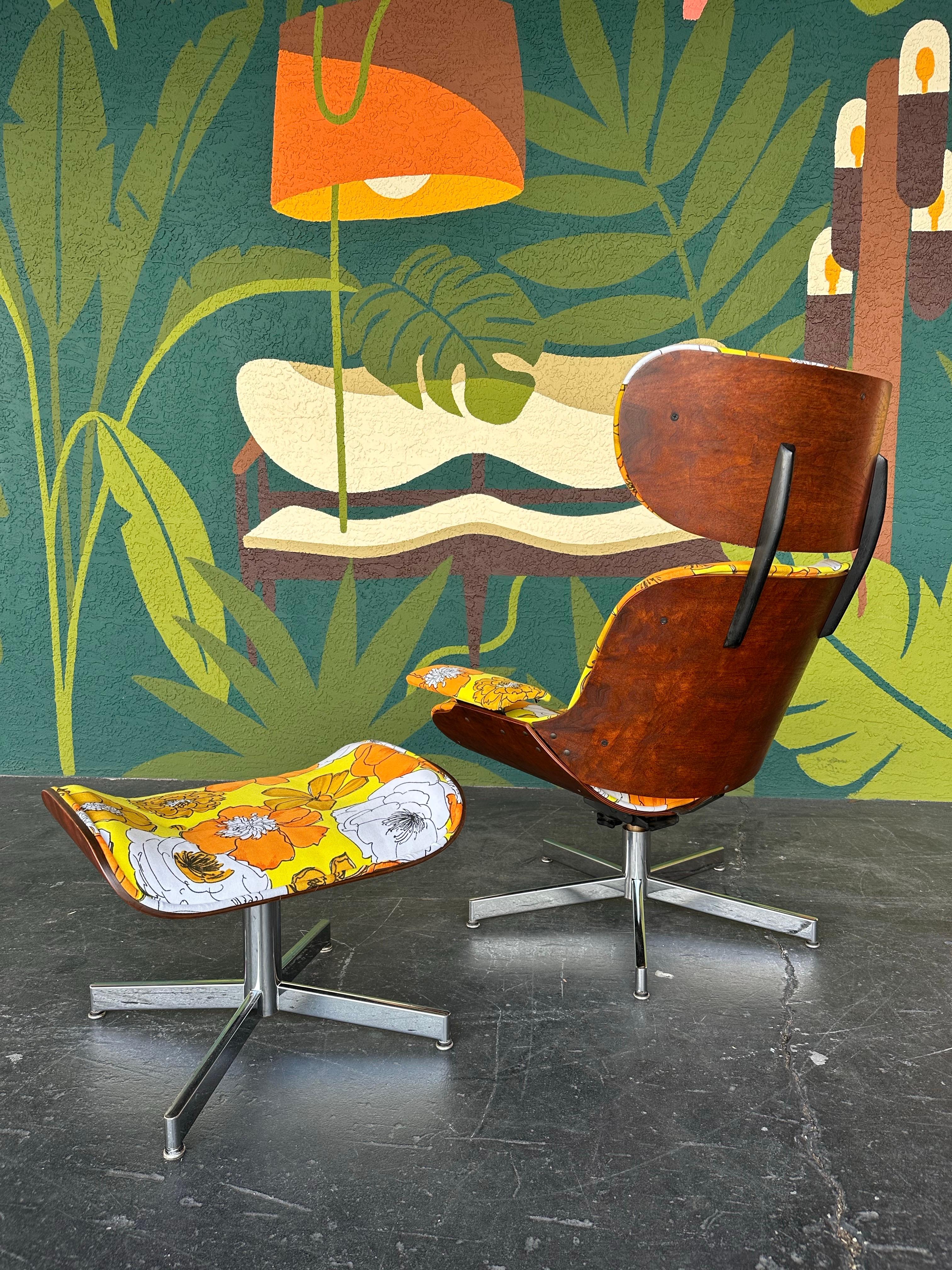 American Mid Century Retro Floral Plycraft Eames Style Chair and Ottoman c.1960’s