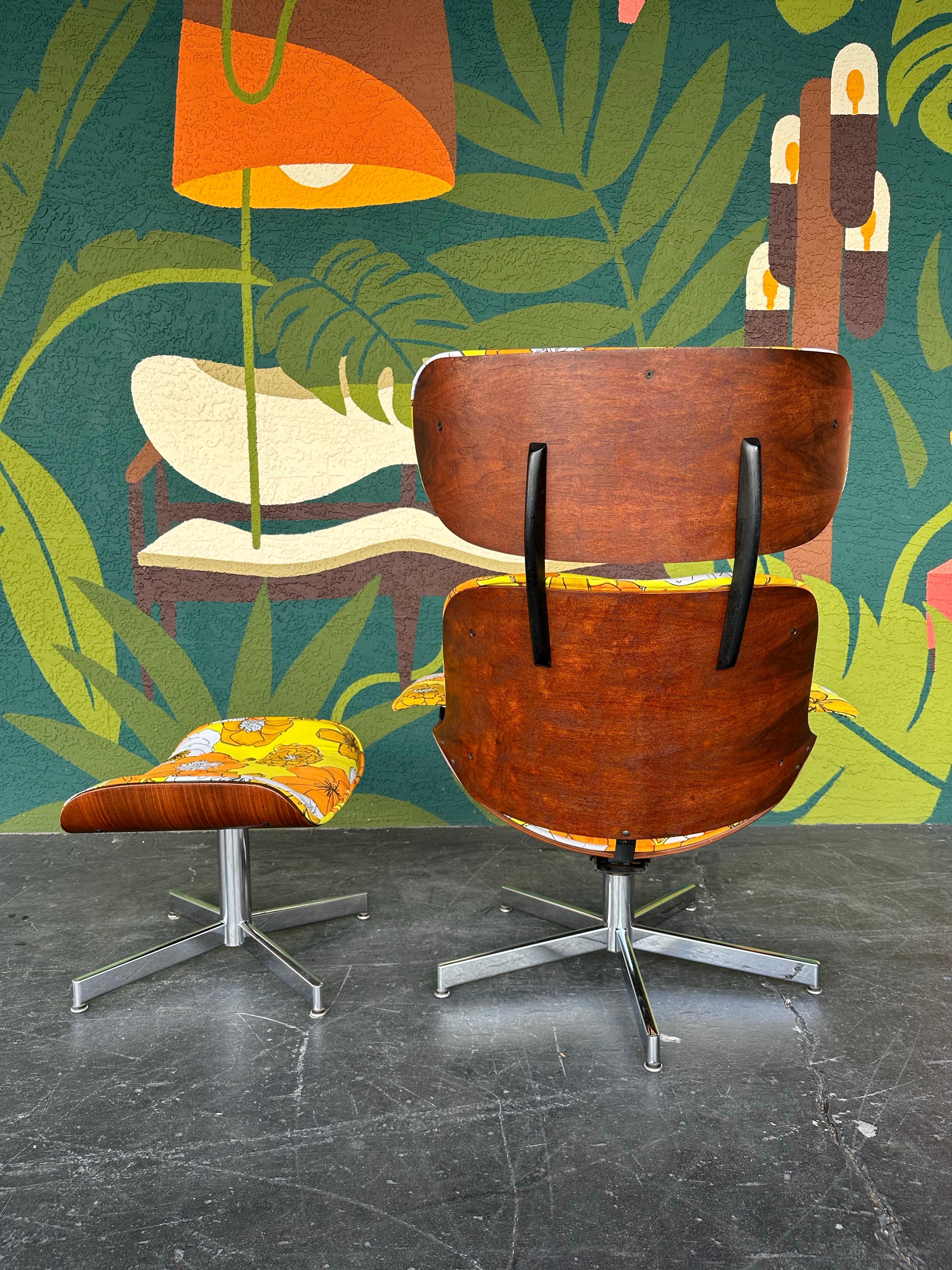 Stained Mid Century Retro Floral Plycraft Eames Style Chair and Ottoman c.1960’s