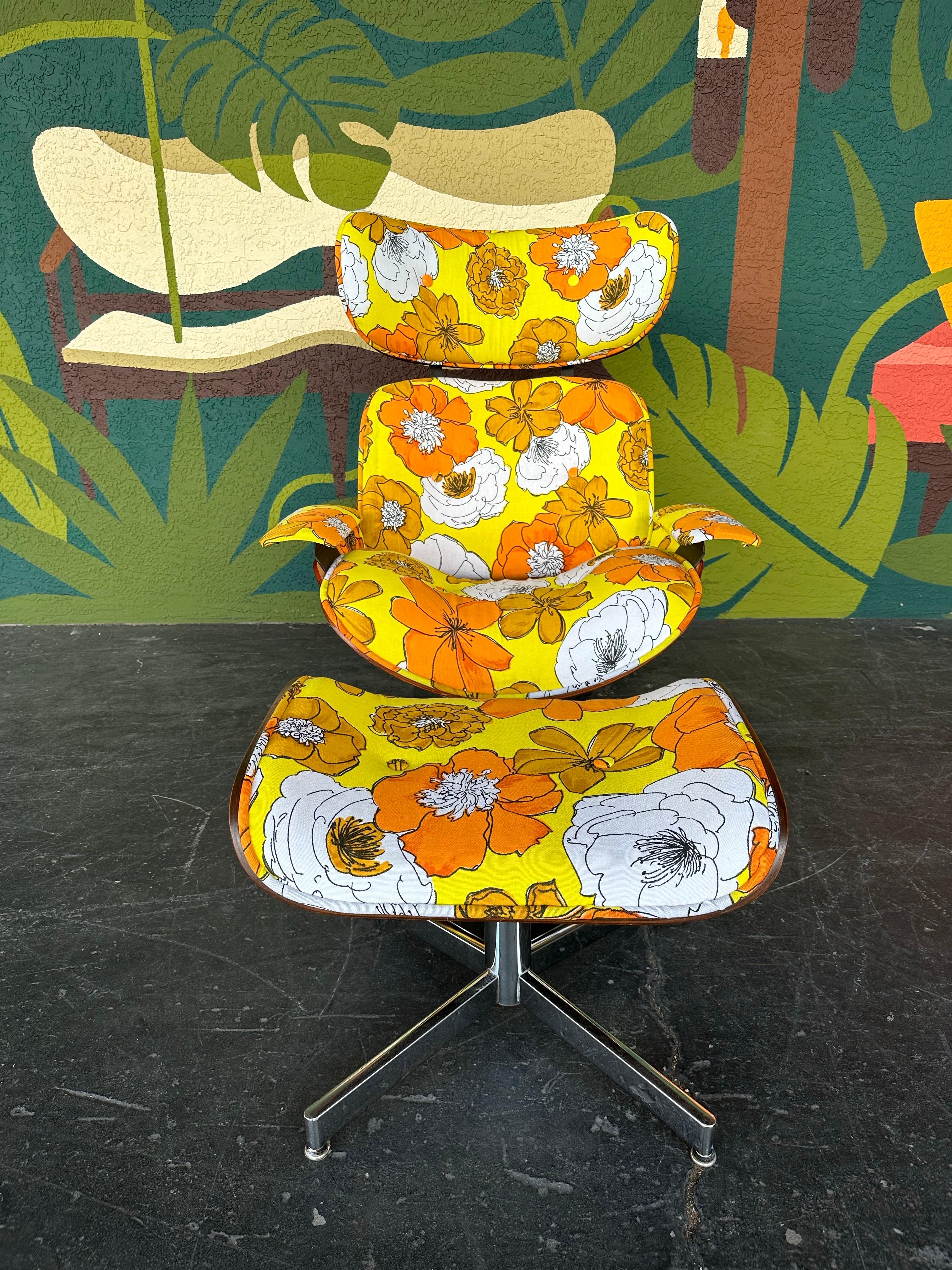 20th Century Mid Century Retro Floral Plycraft Eames Style Chair and Ottoman c.1960’s