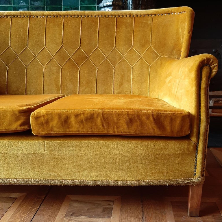 Midcentury Retro Golden Yellow Velvet French Sofa, 1960s at 1stDibs