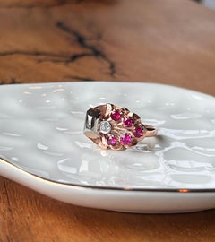 Mid Century Retro Pink Diamond & Diamond 14k Two Tone Gold Cluster Ring 1940s