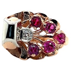 Mid Century Retro Pink Sapphire 
Diamond 14k Two Tone Gold Cluster Ring 1940s