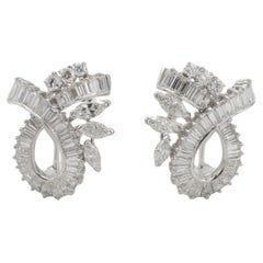 Mid-Century Retro Platinum Natural 6.00 Carat Diamond Ribbon Clip Earrings