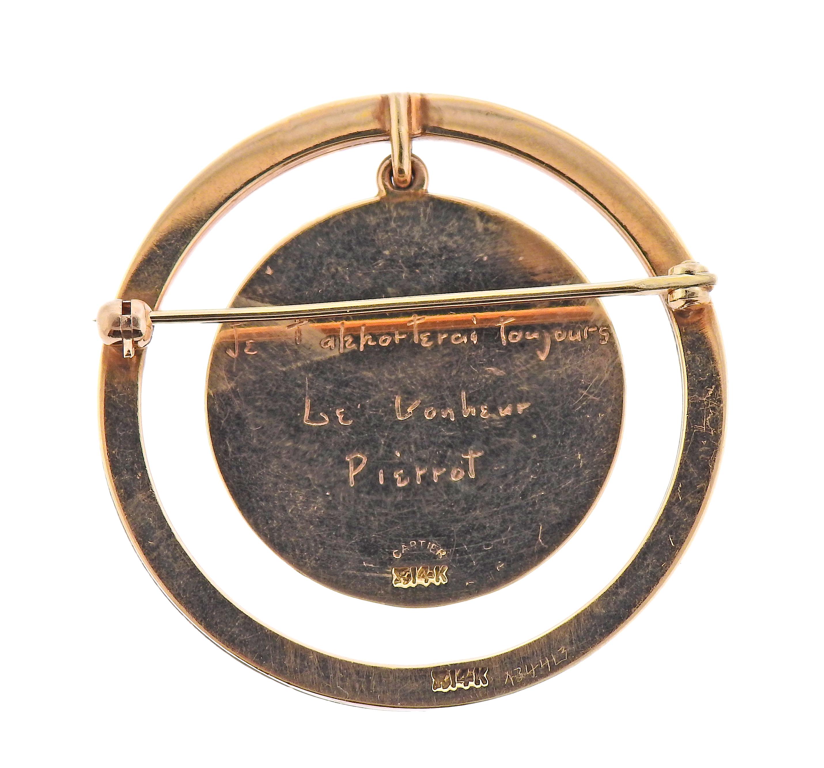 Retro Mid century Cartier 14k gold circle brooch, depicting poodle dog. Brooch is 37mm in diameter. Marked: 14k, Cartier. engraving on the back - see photo.  Weight - 14.9 grams. 