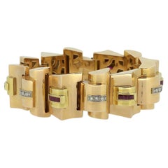 Bracelet lourd en rubis et diamants de style rétro du milieu du siècle
