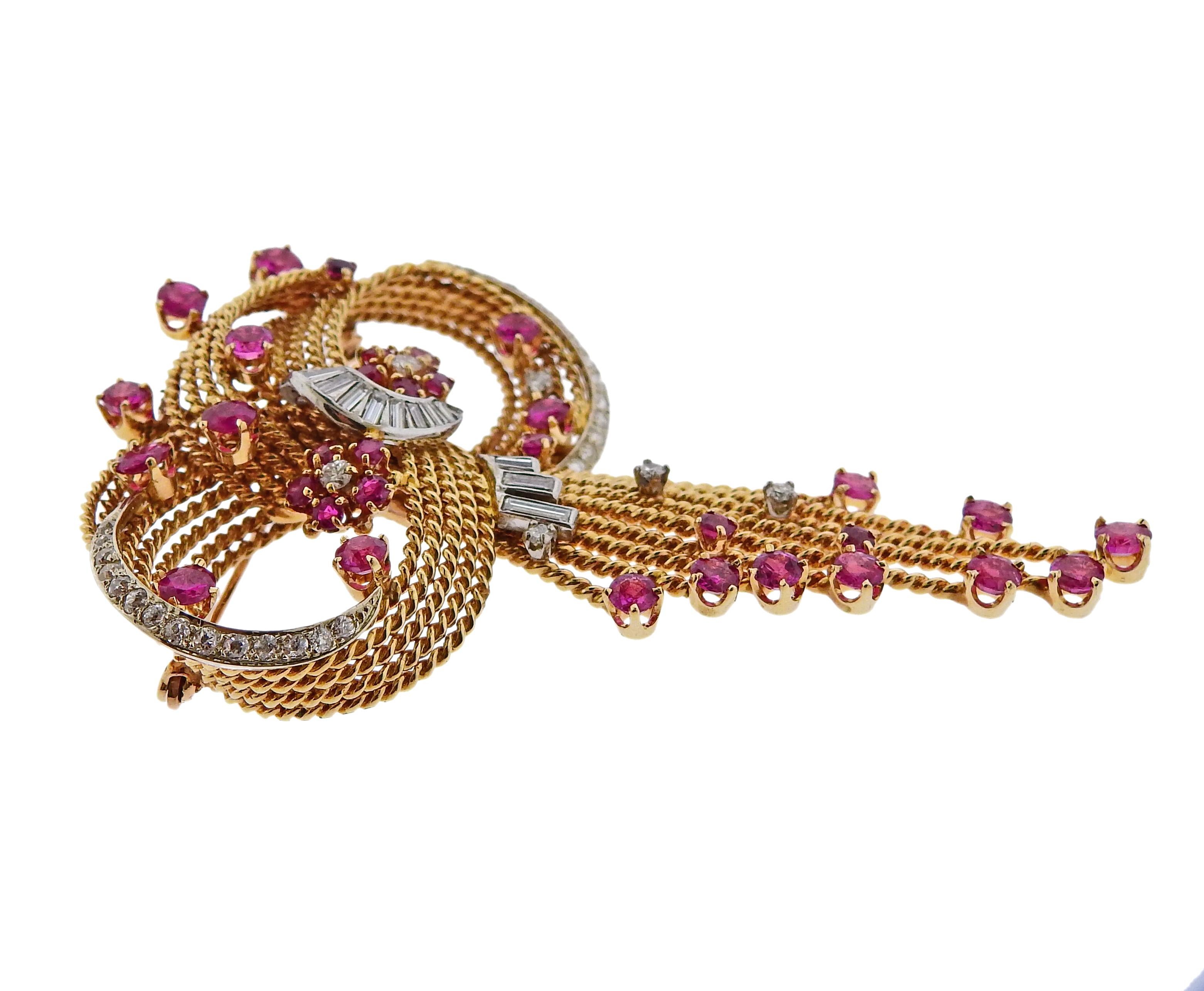Retro circa mid century large brooch, set with rubies and approx. 0.40ctw in diamonds. Brooch measures 77mm x 50mm. Weighs 29.7 grams. 

SKU#PB-02985