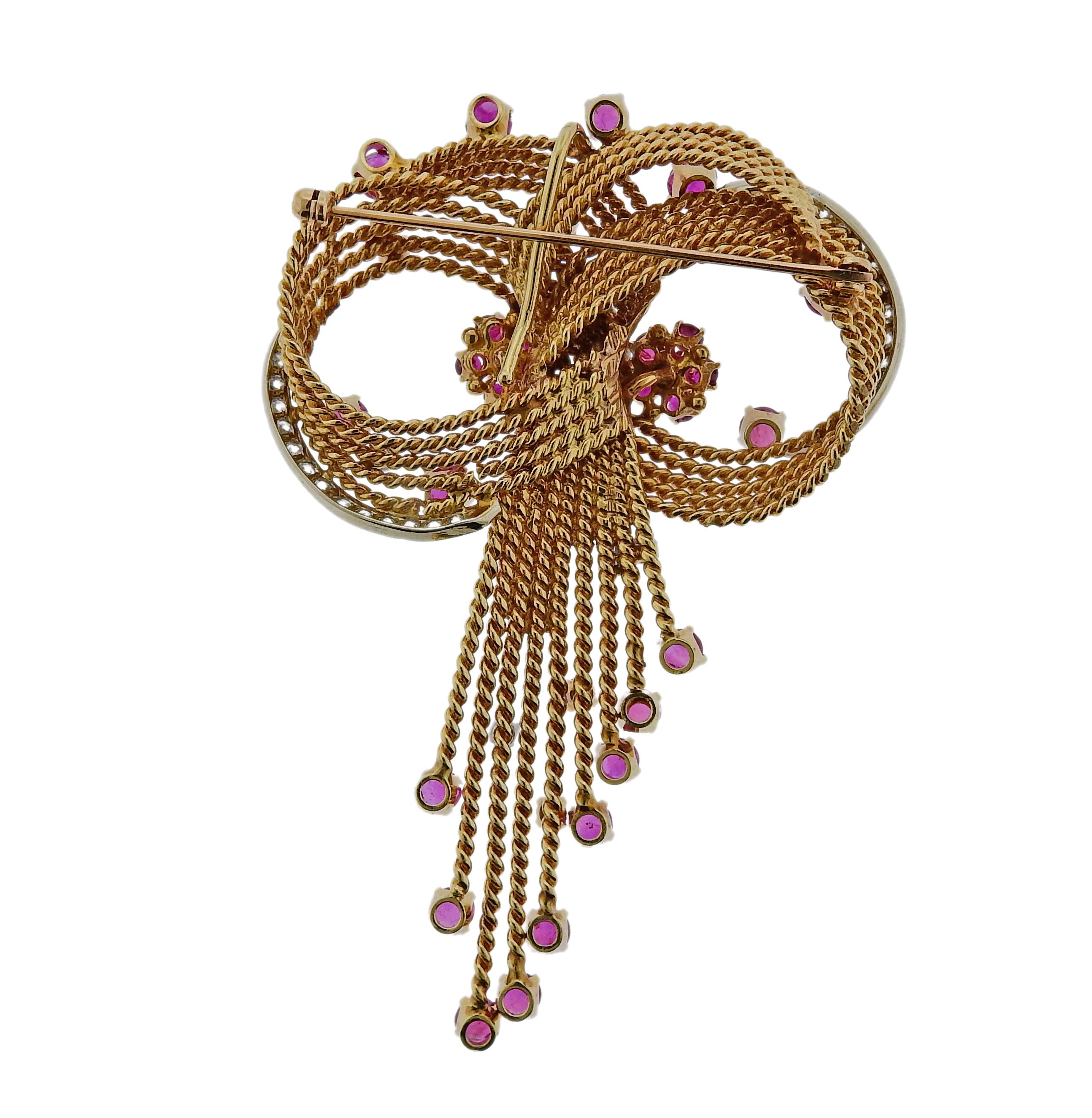 Midcentury Retro Ruby Diamond Gold Brooch Pendant In Excellent Condition In New York, NY