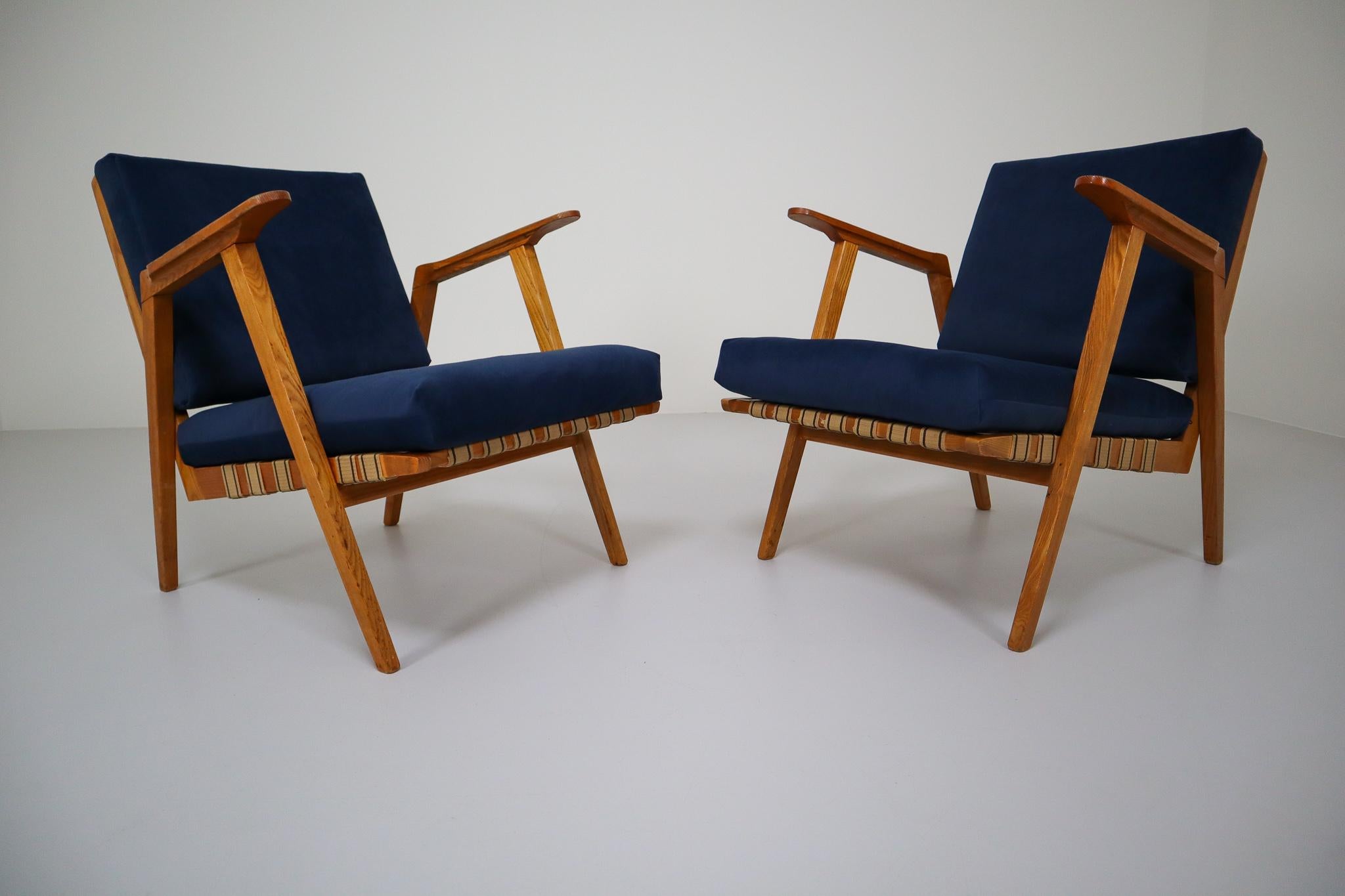 Mid-Century Modern Midcentury Reupholstered Lounge Chairs in Blue Velvet, Czech Republic, 1960s