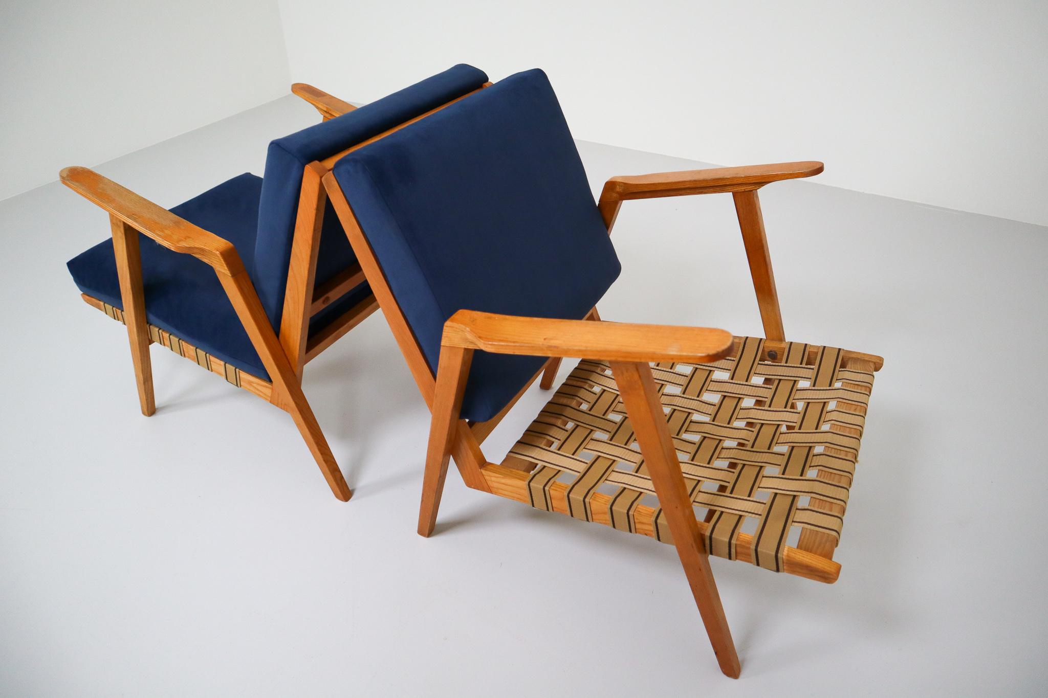 20th Century Midcentury Reupholstered Lounge Chairs in Blue Velvet, Czech Republic, 1960s