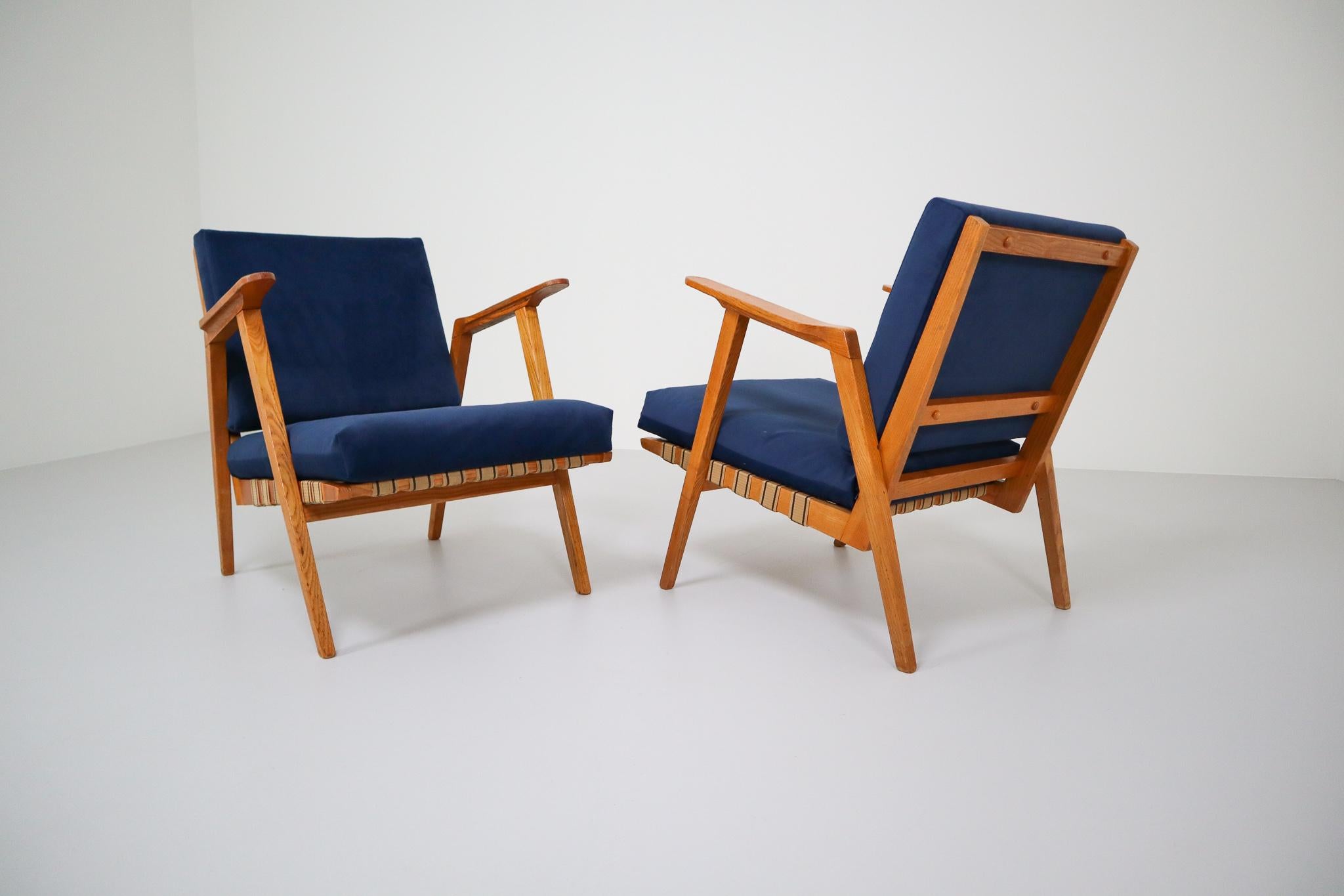Midcentury Reupholstered Lounge Chairs in Blue Velvet, Czech Republic, 1960s 1