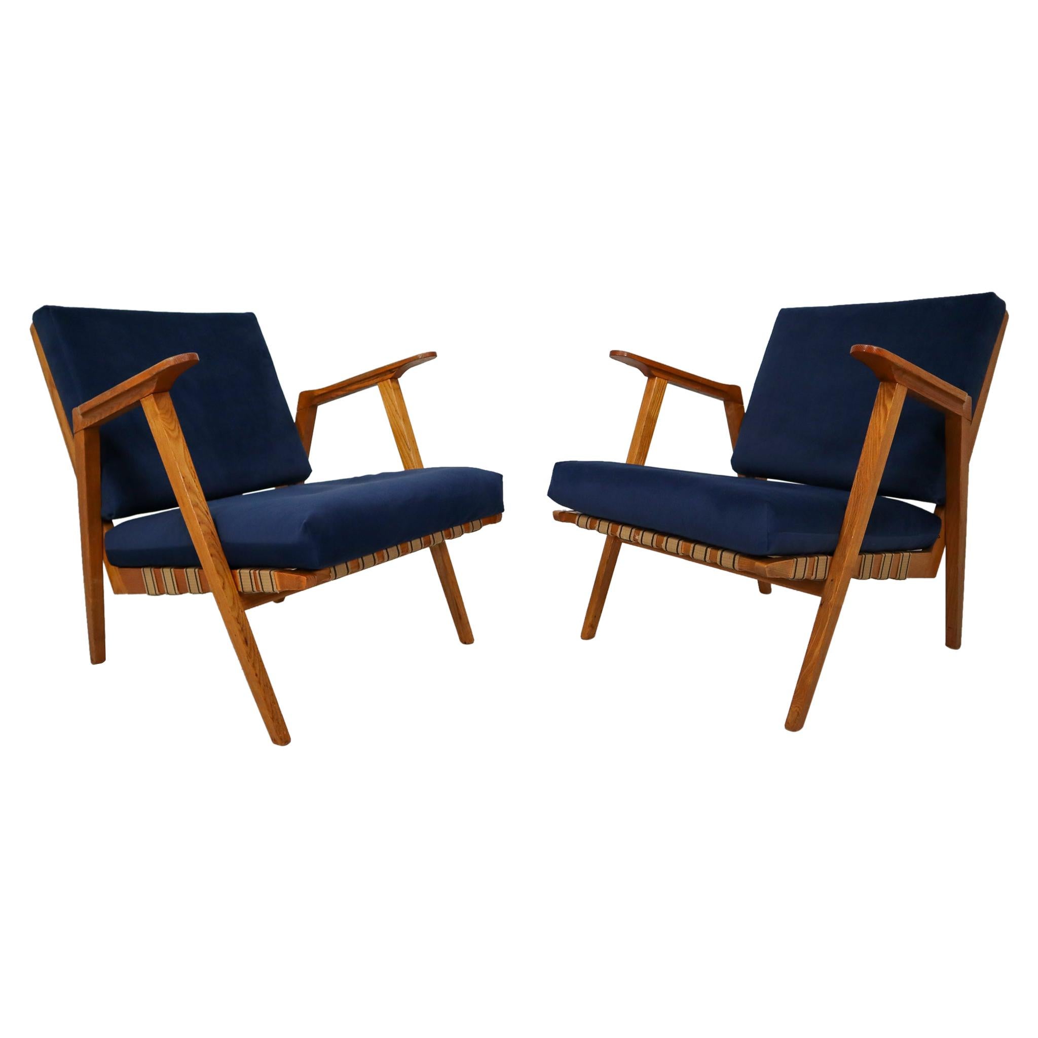 Midcentury Reupholstered Lounge Chairs in Blue Velvet, Czech Republic, 1960s