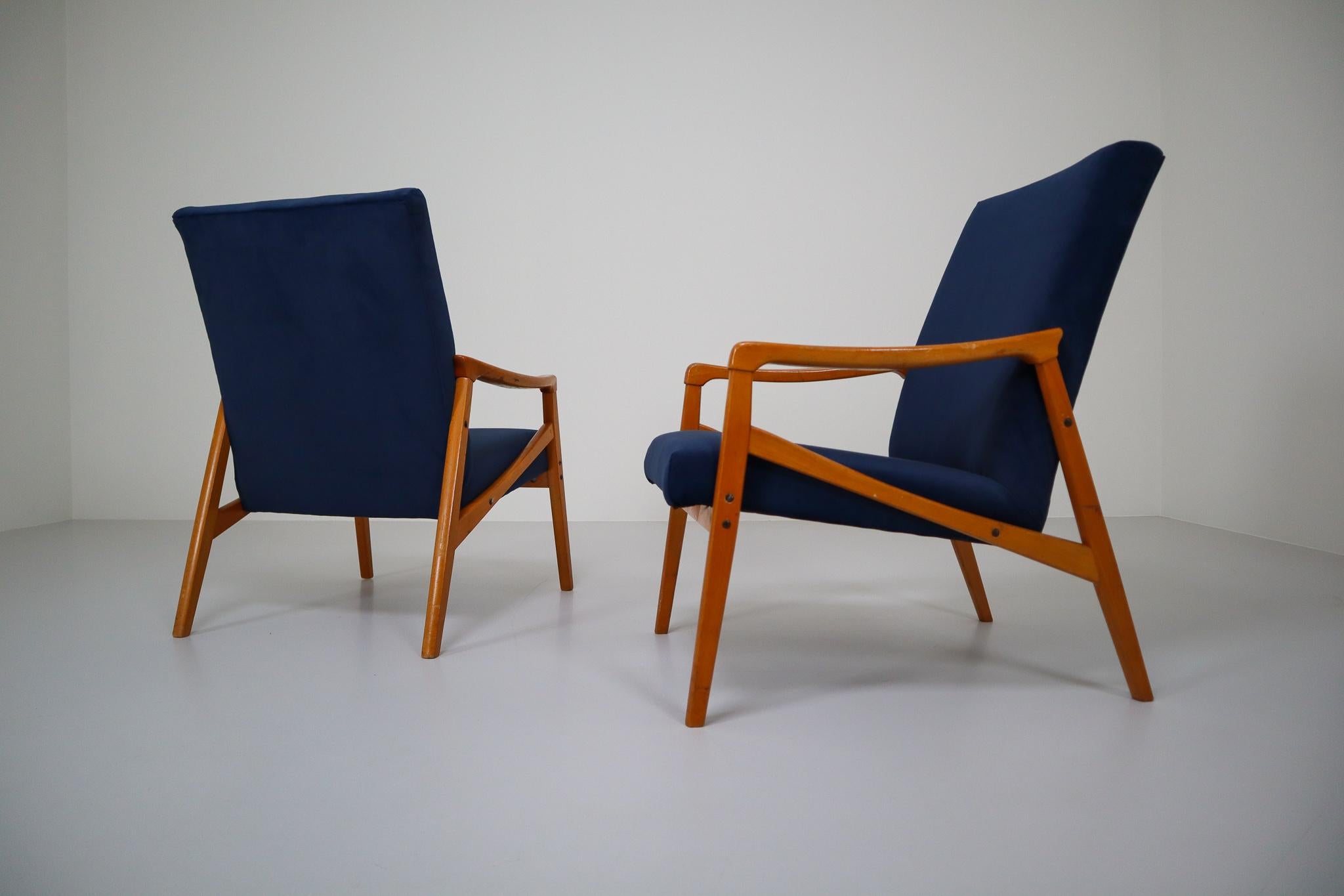 Midcentury Reupholstered Lounge Chairs in Blue Velvet, Czech Republic, 1970s 5
