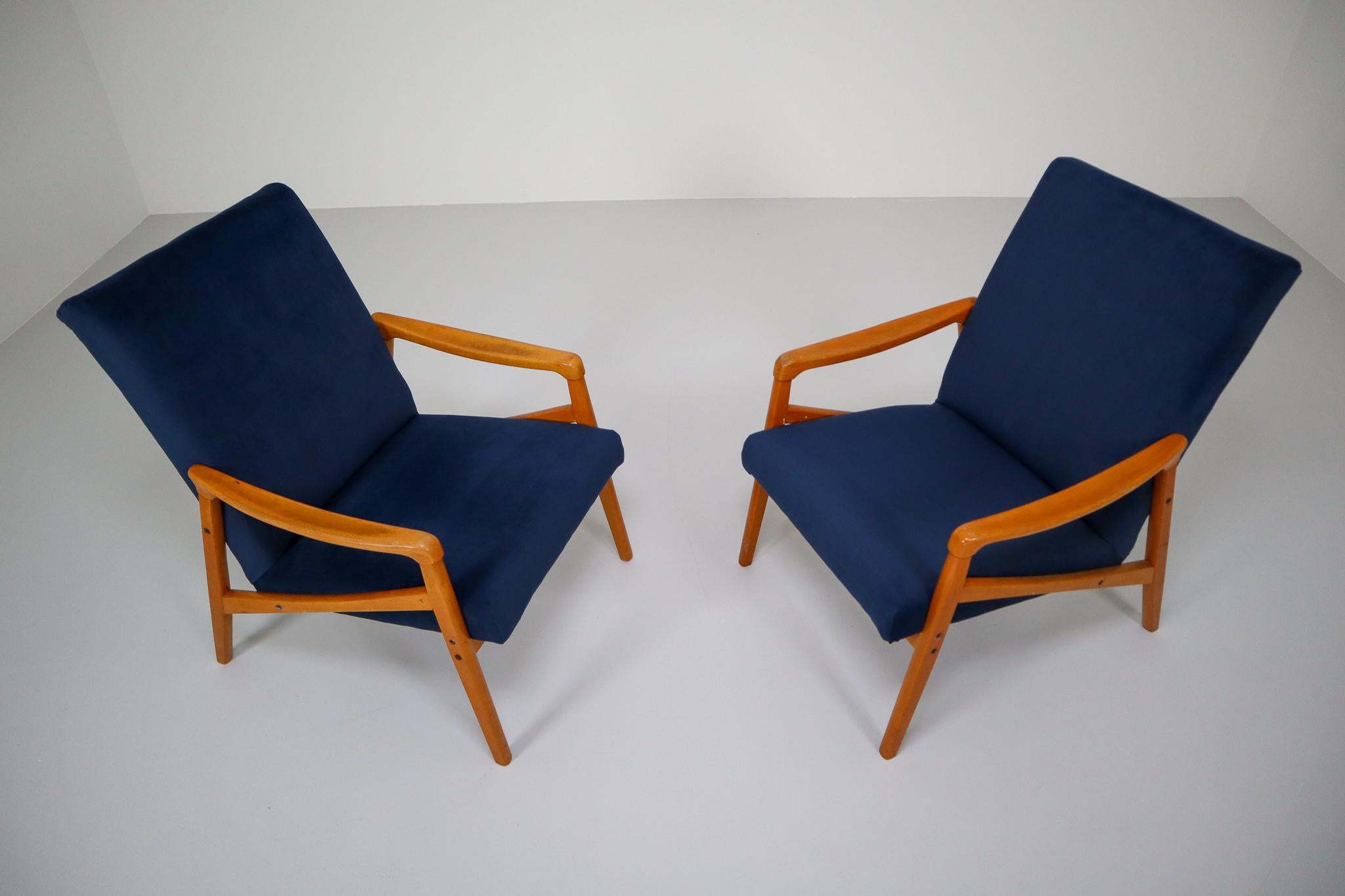 Scandinavian Modern Midcentury Reupholstered Lounge Chairs in Blue Velvet, Czech Republic, 1970s