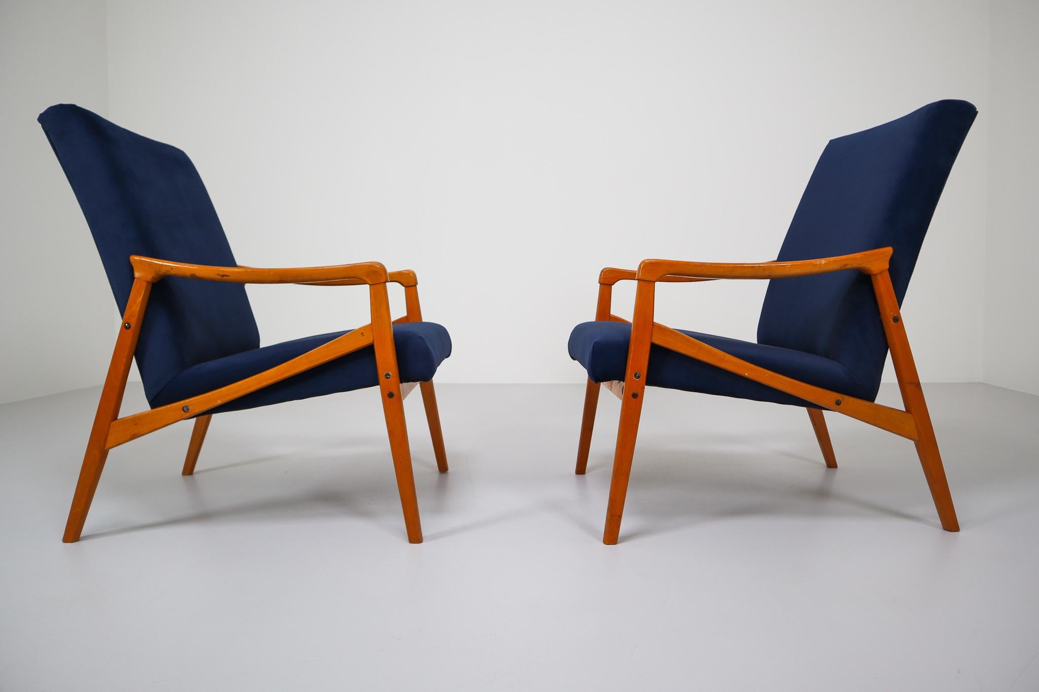 20th Century Midcentury Reupholstered Lounge Chairs in Blue Velvet, Czech Republic, 1970s