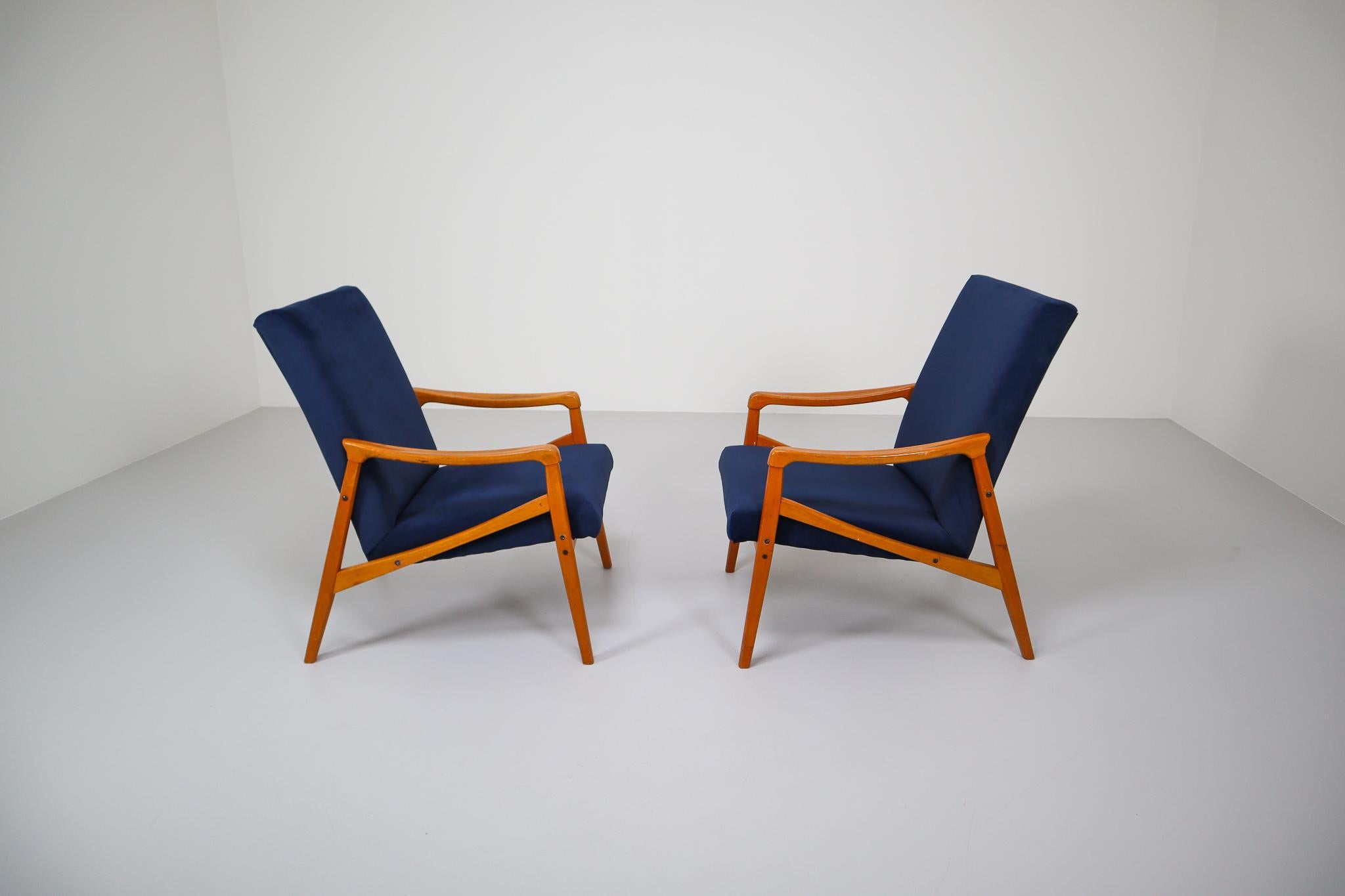 Midcentury Reupholstered Lounge Chairs in Blue Velvet, Czech Republic, 1970s 1