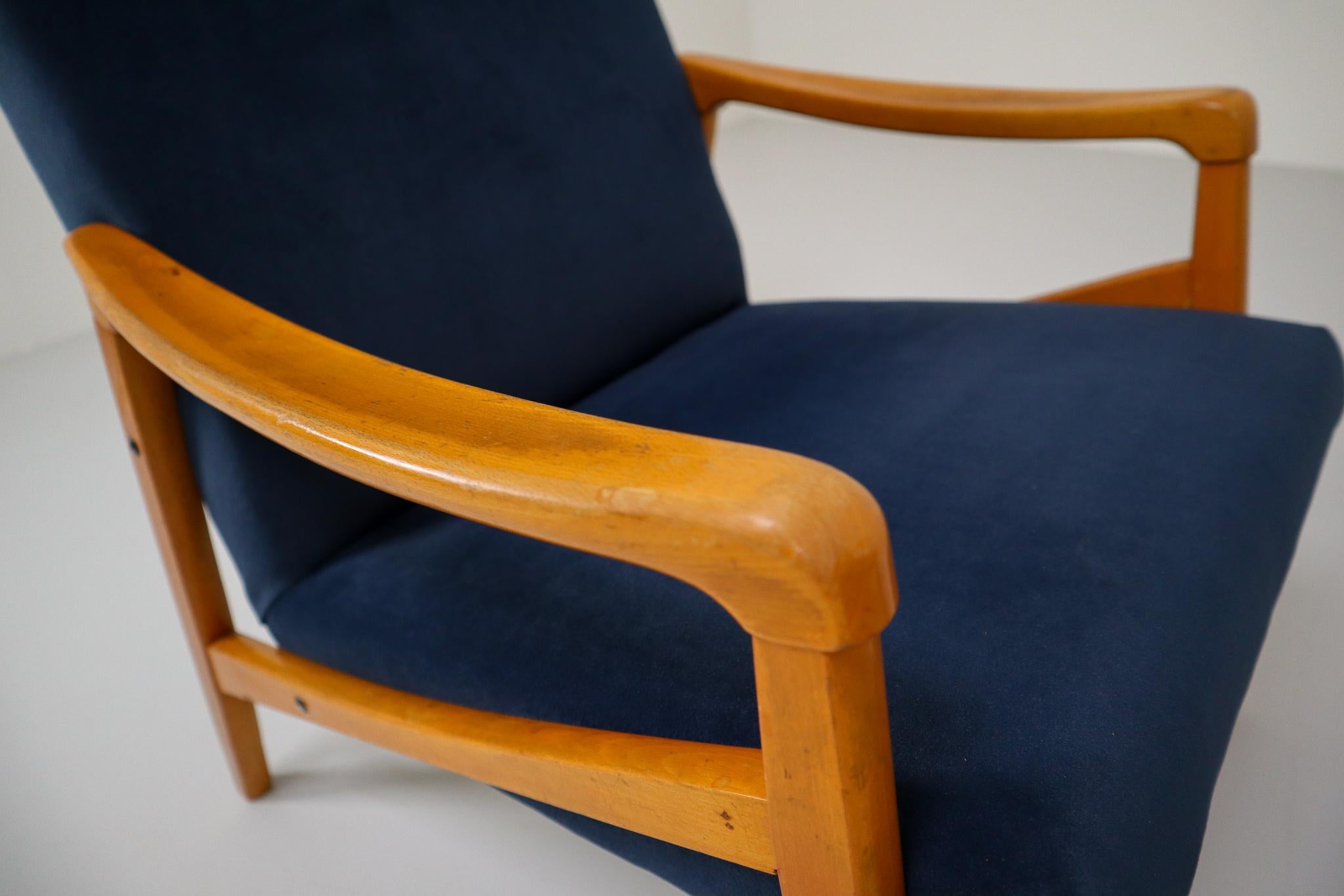 Midcentury Reupholstered Lounge Chairs in Blue Velvet, Czech Republic, 1970s 2
