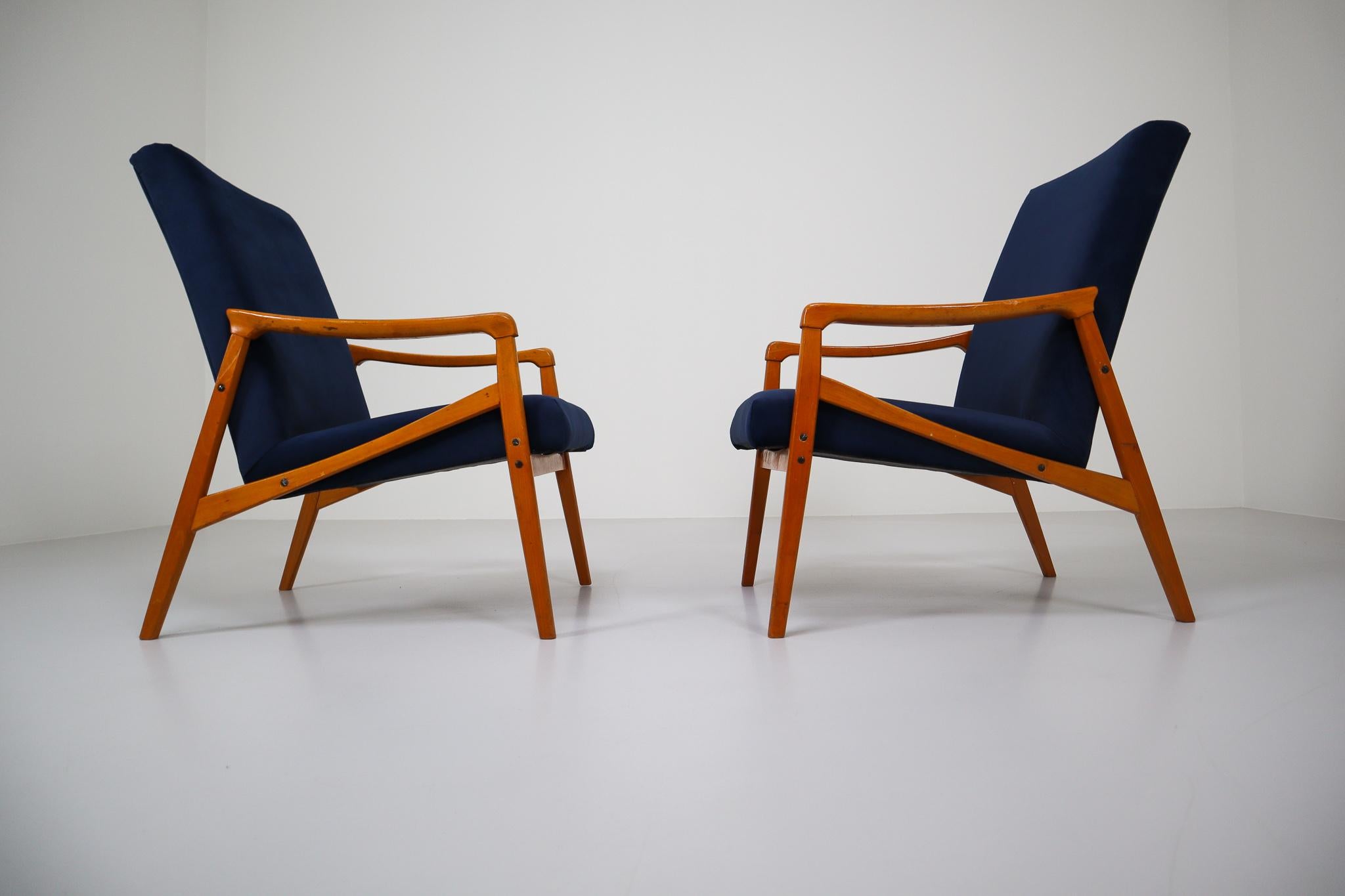 Midcentury Reupholstered Lounge Chairs in Blue Velvet, Czech Republic, 1970s 4