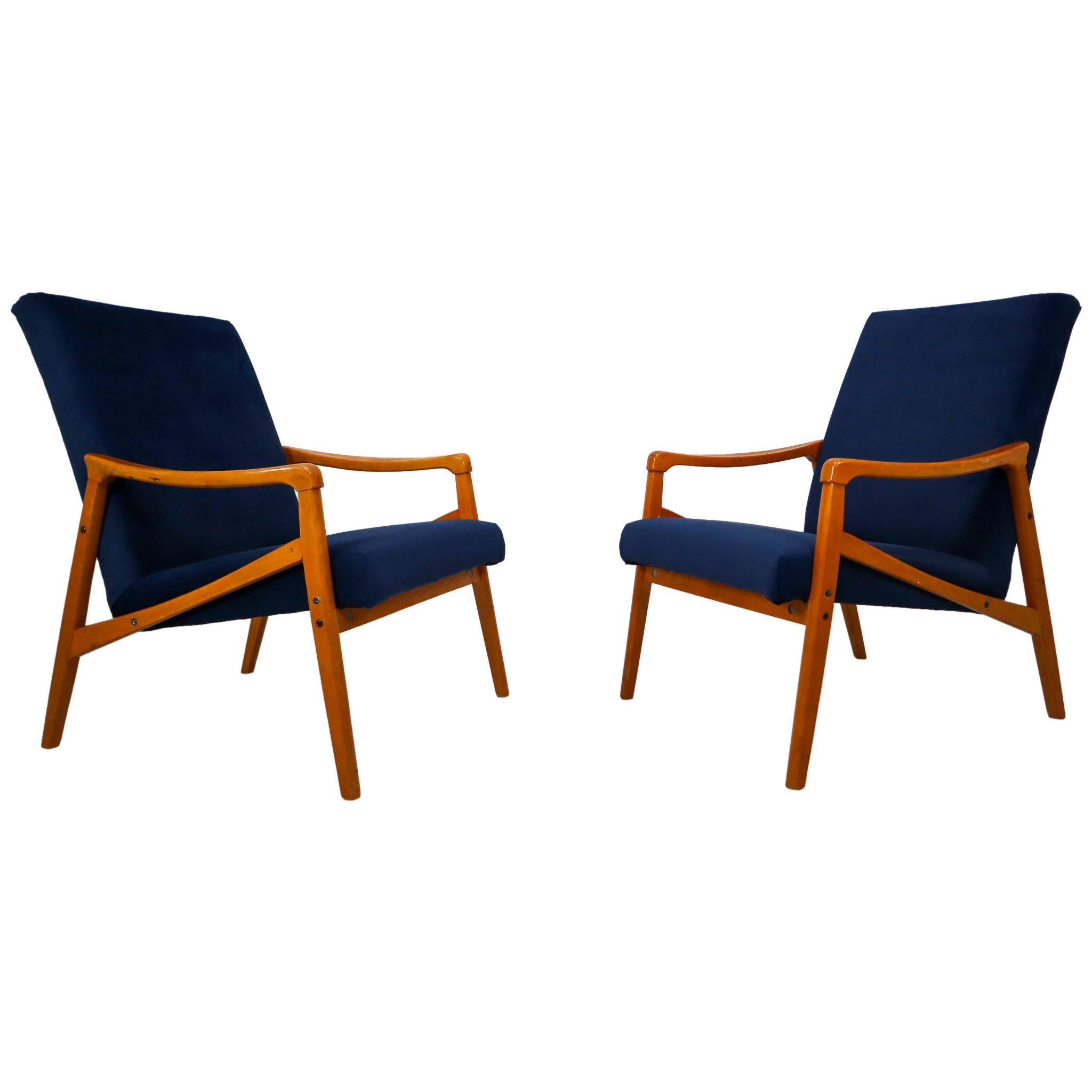 Midcentury Reupholstered Lounge Chairs in Blue Velvet, Czech Republic, 1970s
