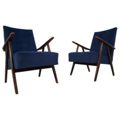 Midcentury Reupholstered Lounge Chairs in Blue Velvet, France, 1960s