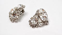 Mid Century Rhinestone Sterling Silver Plated Ear Climber Clip-On Earrings