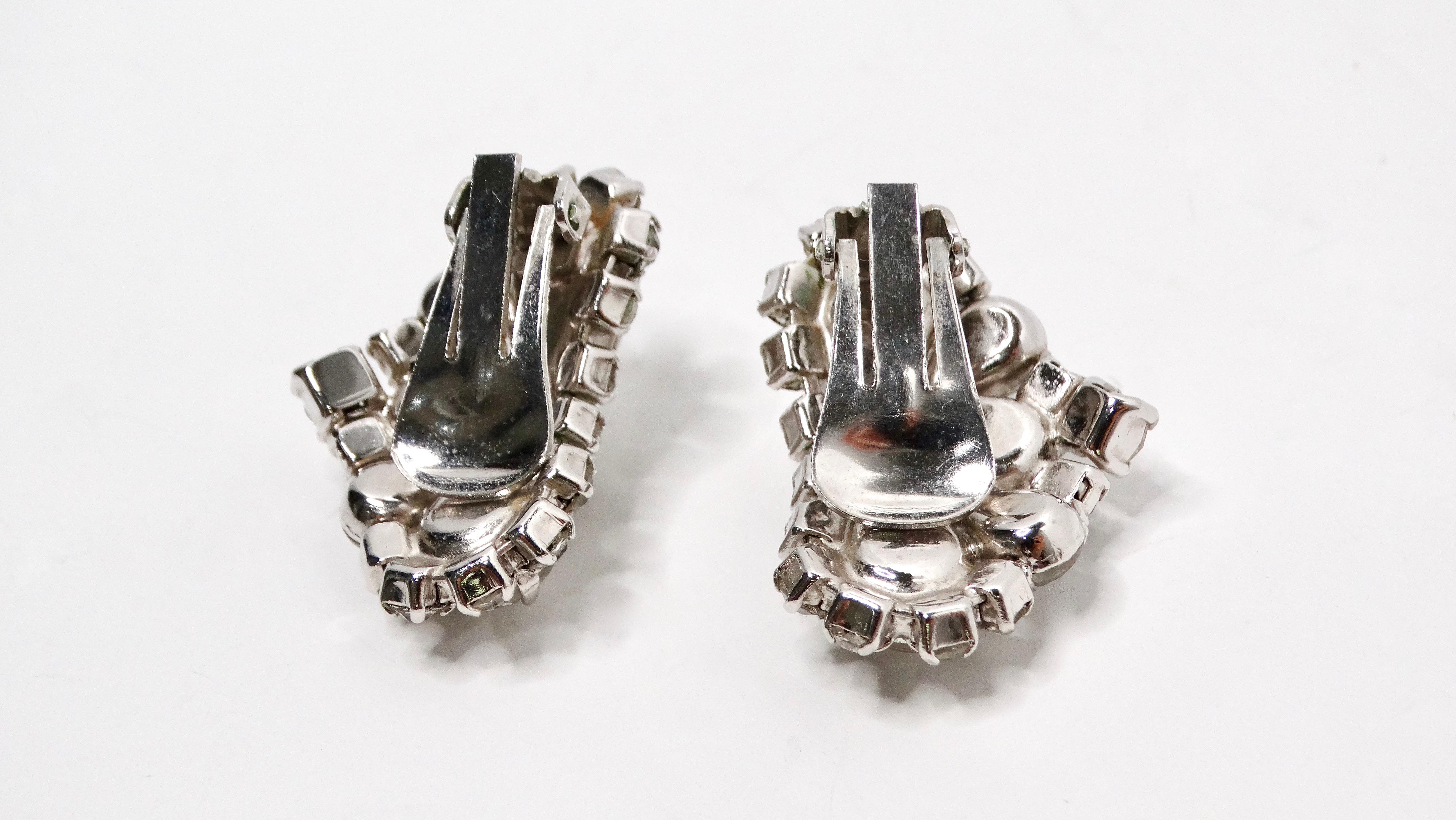 Mid Century Rhinestone Sterling Silver Plated Ear Climber Clip-On Earrings In Good Condition For Sale In Scottsdale, AZ