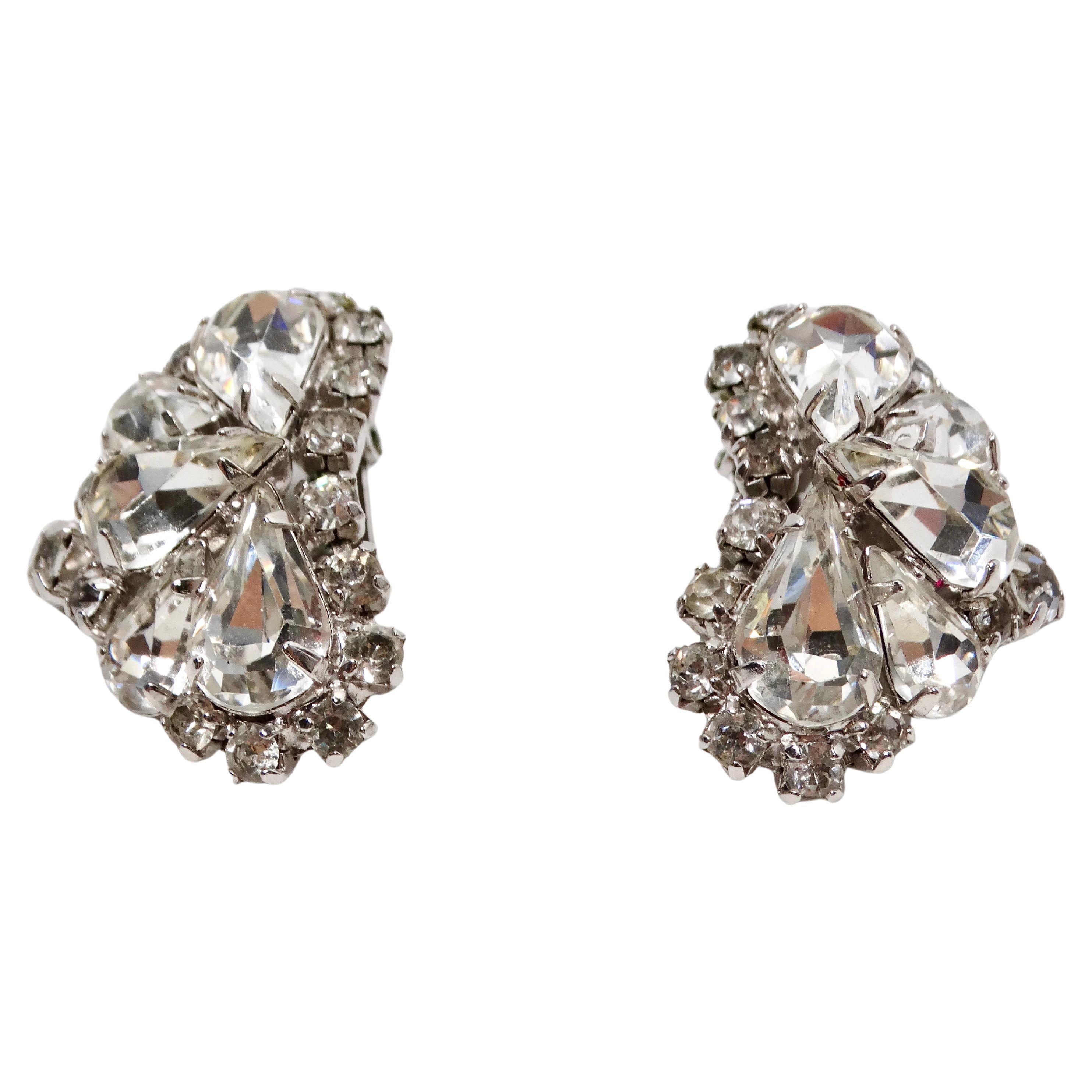 Mid Century Rhinestone Sterling Silver Plated Ear Climber Clip-On Earrings
