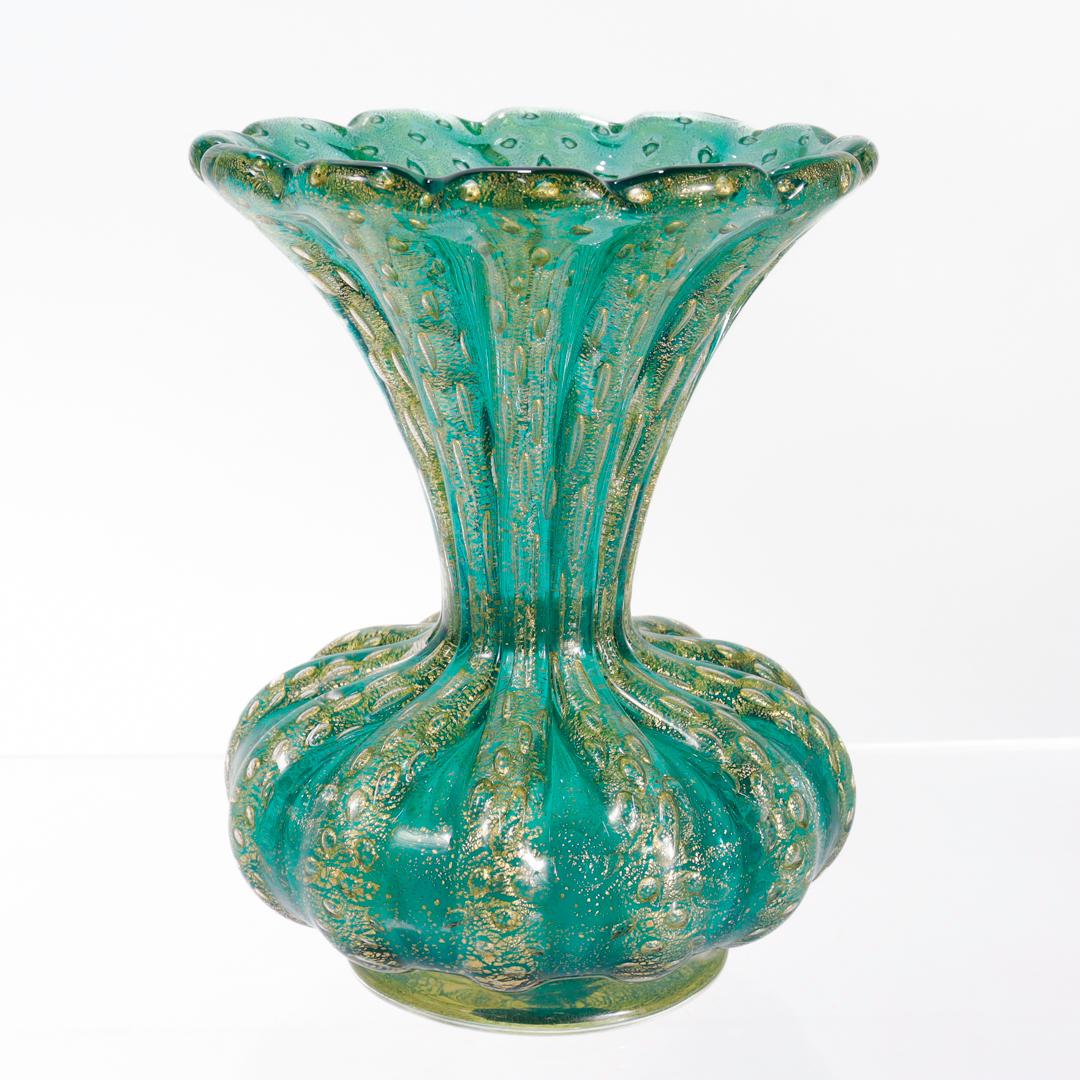 Mid-Century Modern Mid-century Ribbed Barovier Bullicante Green & Gold Murano Art Glass Vase For Sale