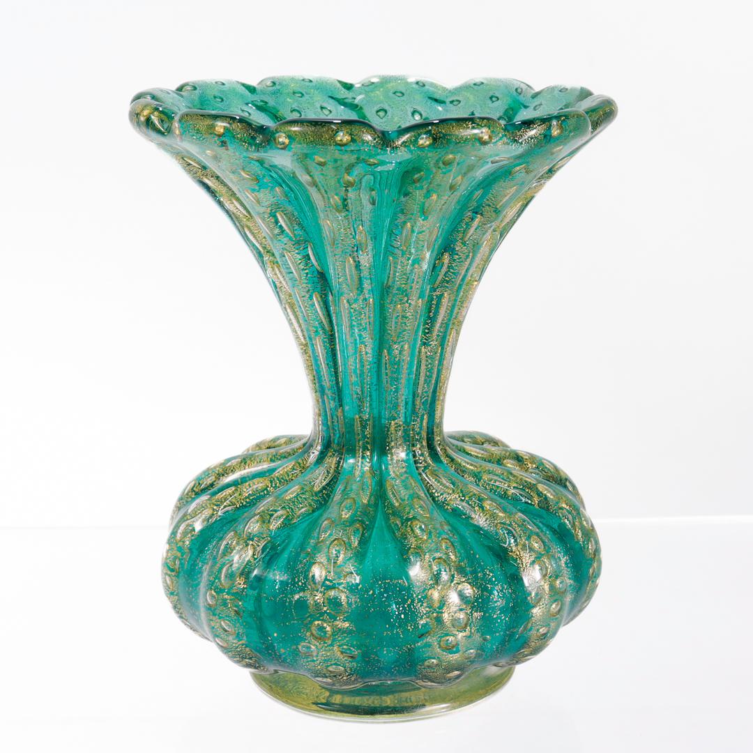 Italian Mid-century Ribbed Barovier Bullicante Green & Gold Murano Art Glass Vase For Sale