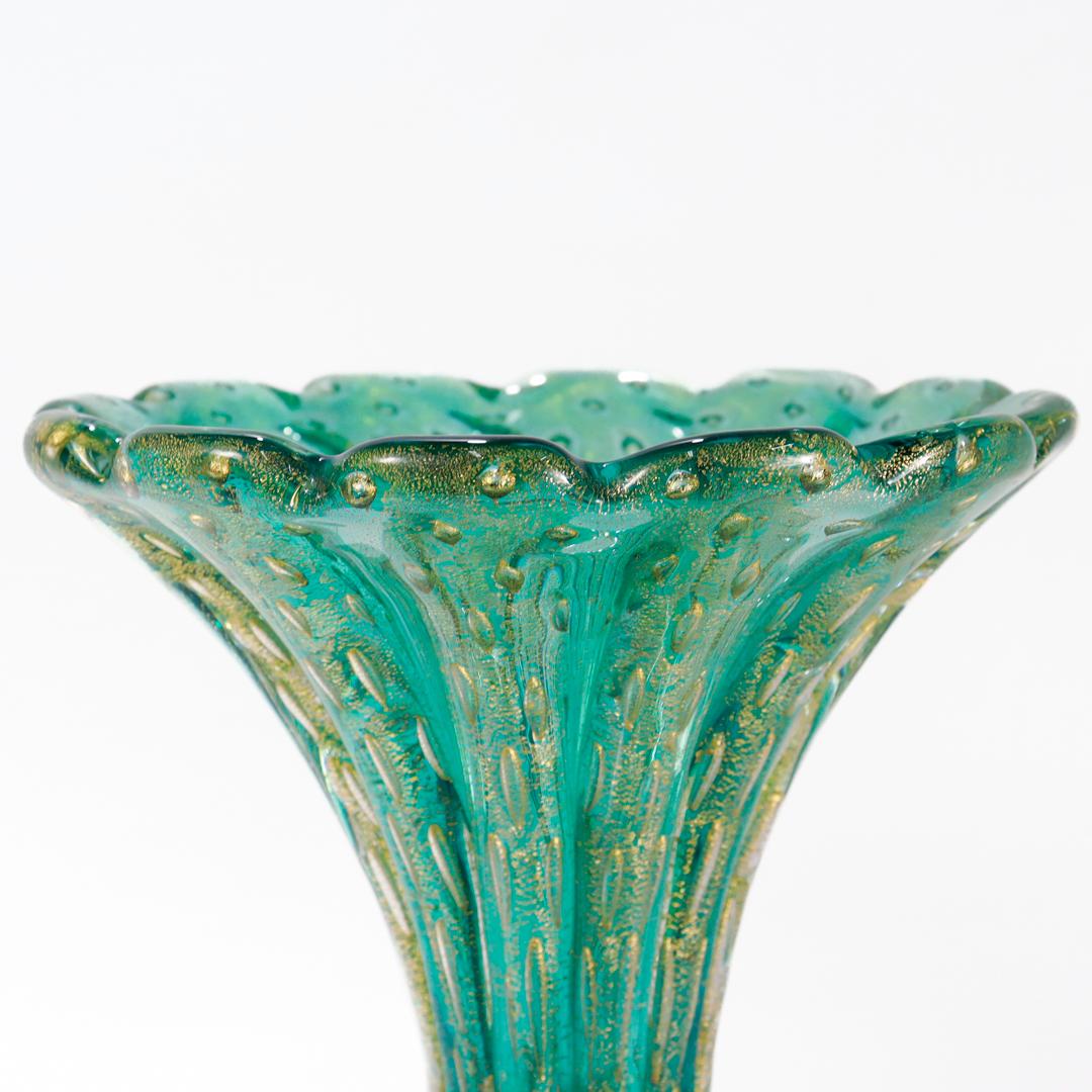 Mid-century Ribbed Barovier Bullicante Green & Gold Murano Art Glass Vase For Sale 2