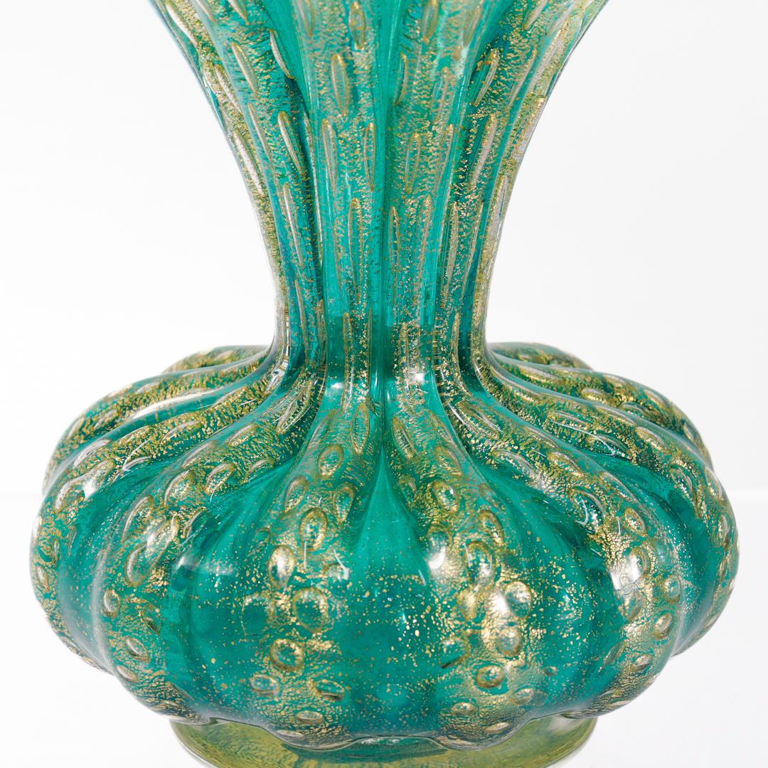 Mid-century Ribbed Barovier Bullicante Green & Gold Murano Art Glass Vase For Sale 3