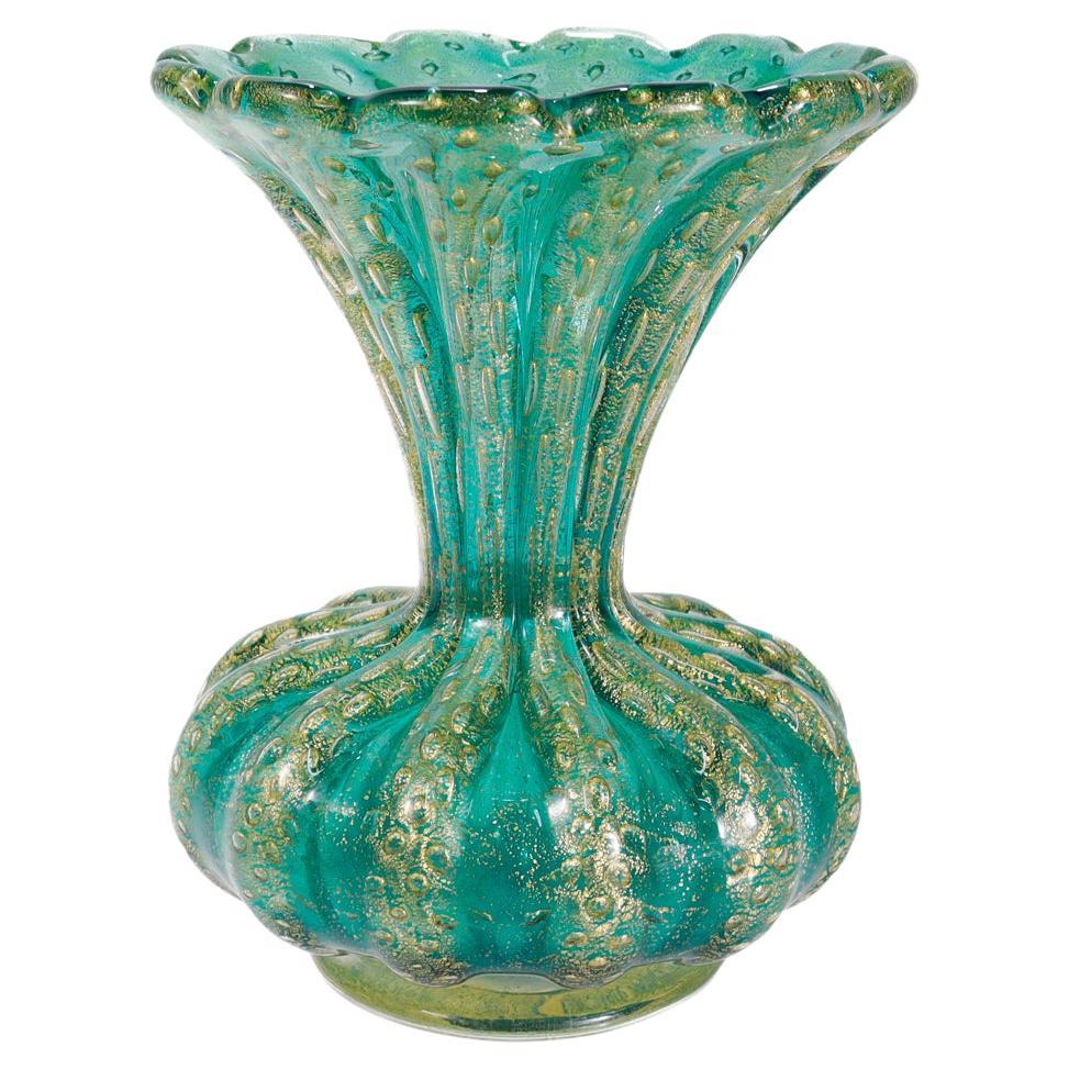 Mid-century Ribbed Barovier Bullicante Green & Gold Murano Art Glass Vase For Sale