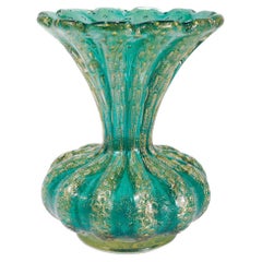 Mid-century Ribbed Barovier Bullicante Green & Gold Murano Art Glass Vase