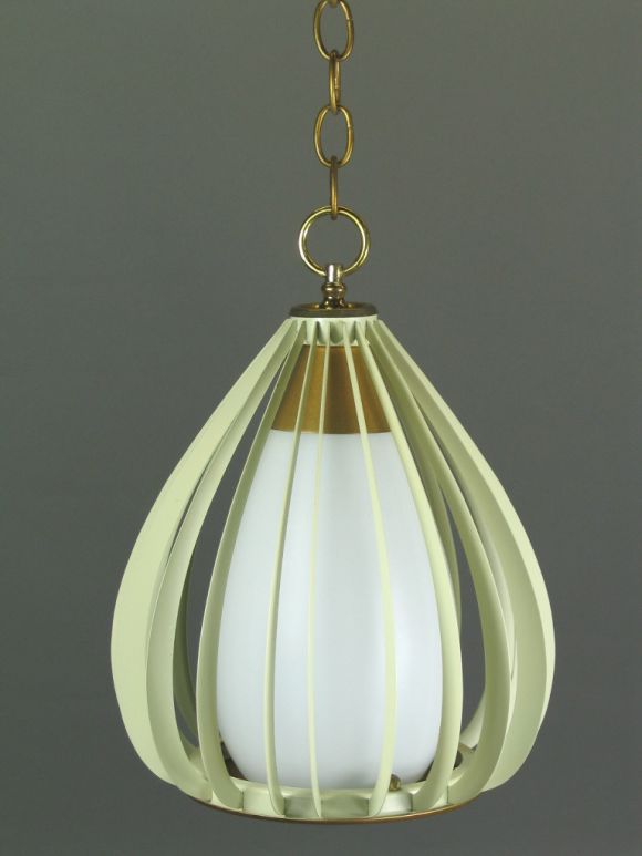 German Mid Century Ribbed Metal and Frosted Glass Pendant 2 available