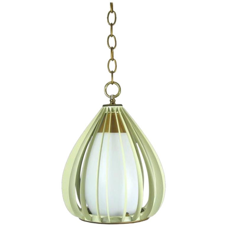 Mid Century Ribbed Metal and Frosted Glass Pendant 2 available