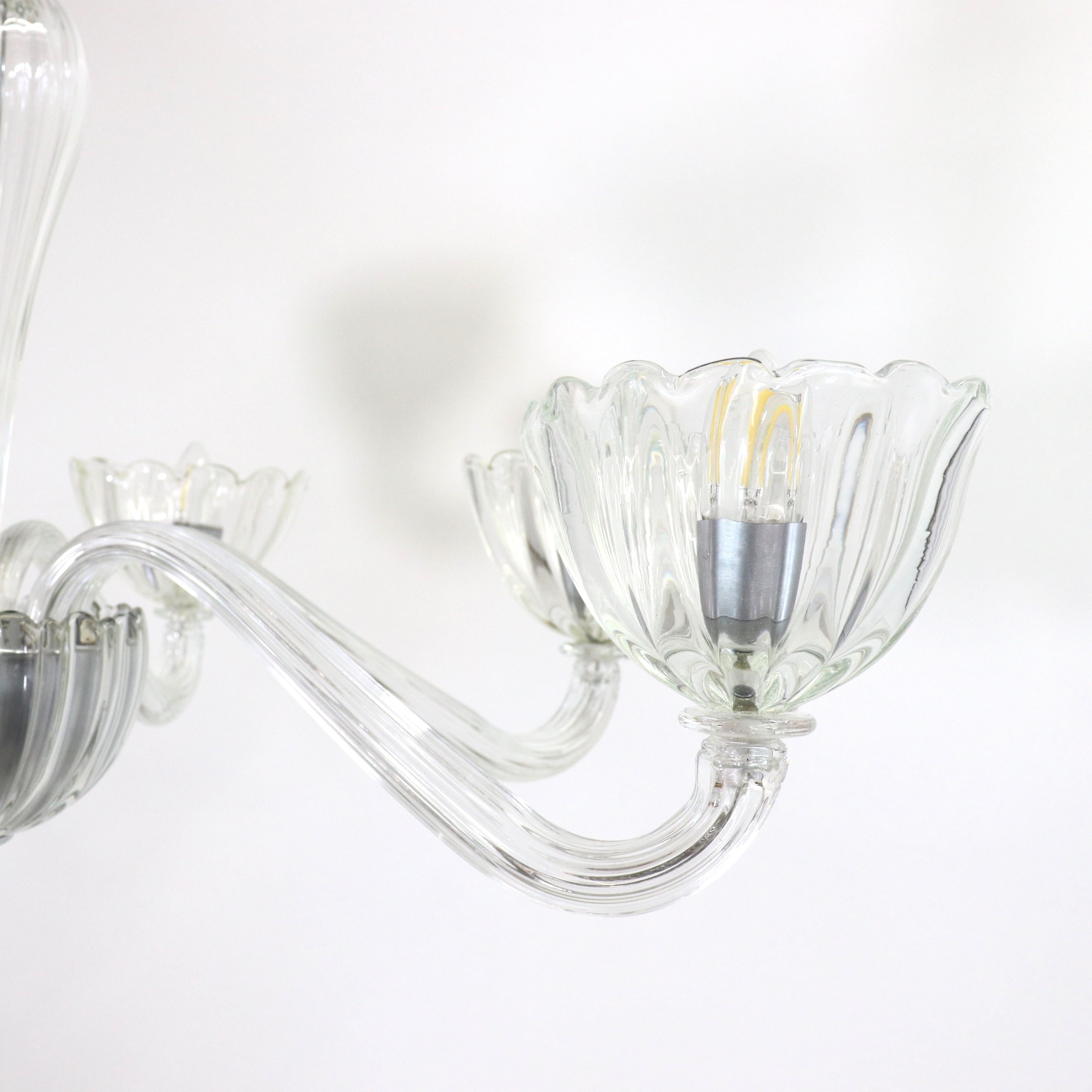 Mid-Century Ribbed Murano Glass Chandelier with Six Scalloped Edges Bobeches 5