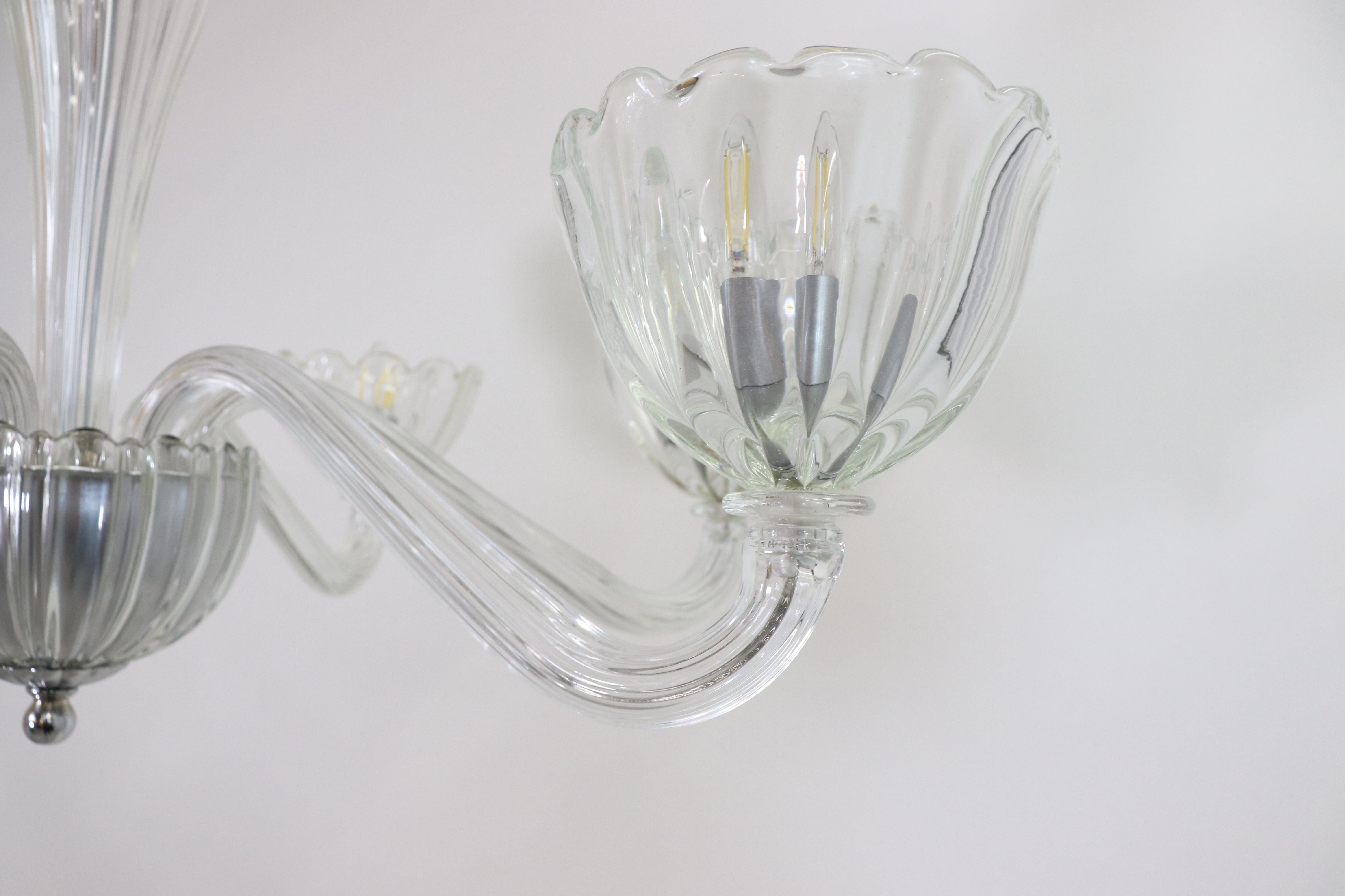 Mid-Century Ribbed Murano Glass Chandelier with Six Scalloped Edges Bobeches 6